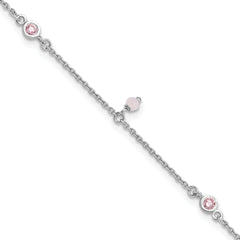 Sterling Silver Rhodium-Platedod-plated Pink CZ/Glass Beads 9in Plus 1in ext Anklet