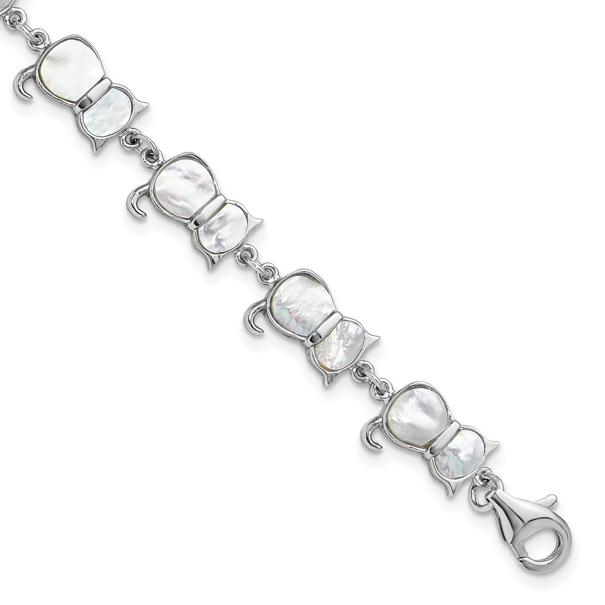 Sterling Silver Rhodium-Rhodium-Plated Mother of Pearl Cat Link Bracelet