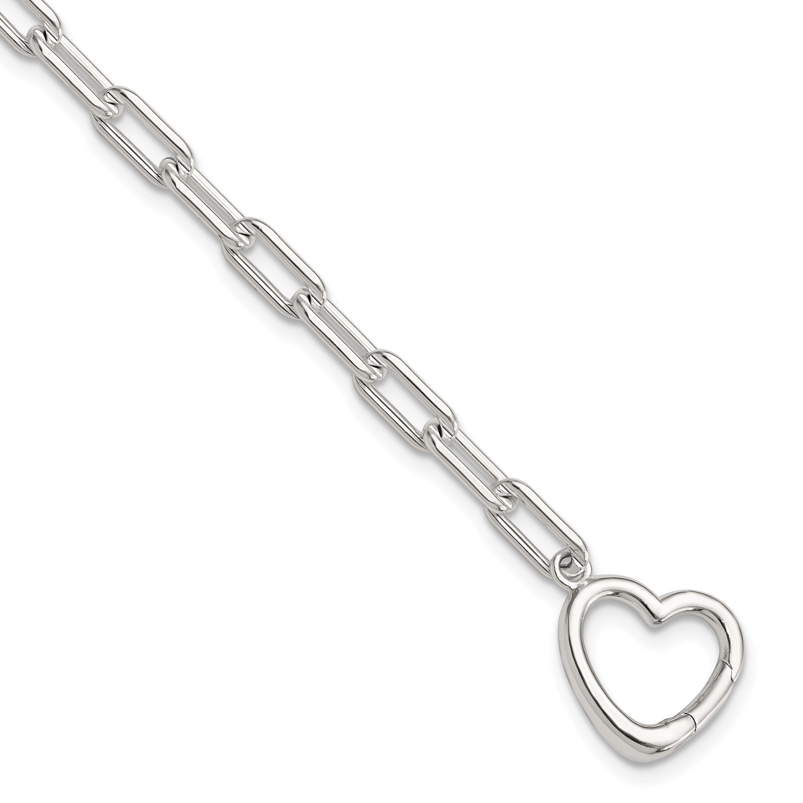 Sterling Silver Open Link 7.25in Heart Clasp Bracelet