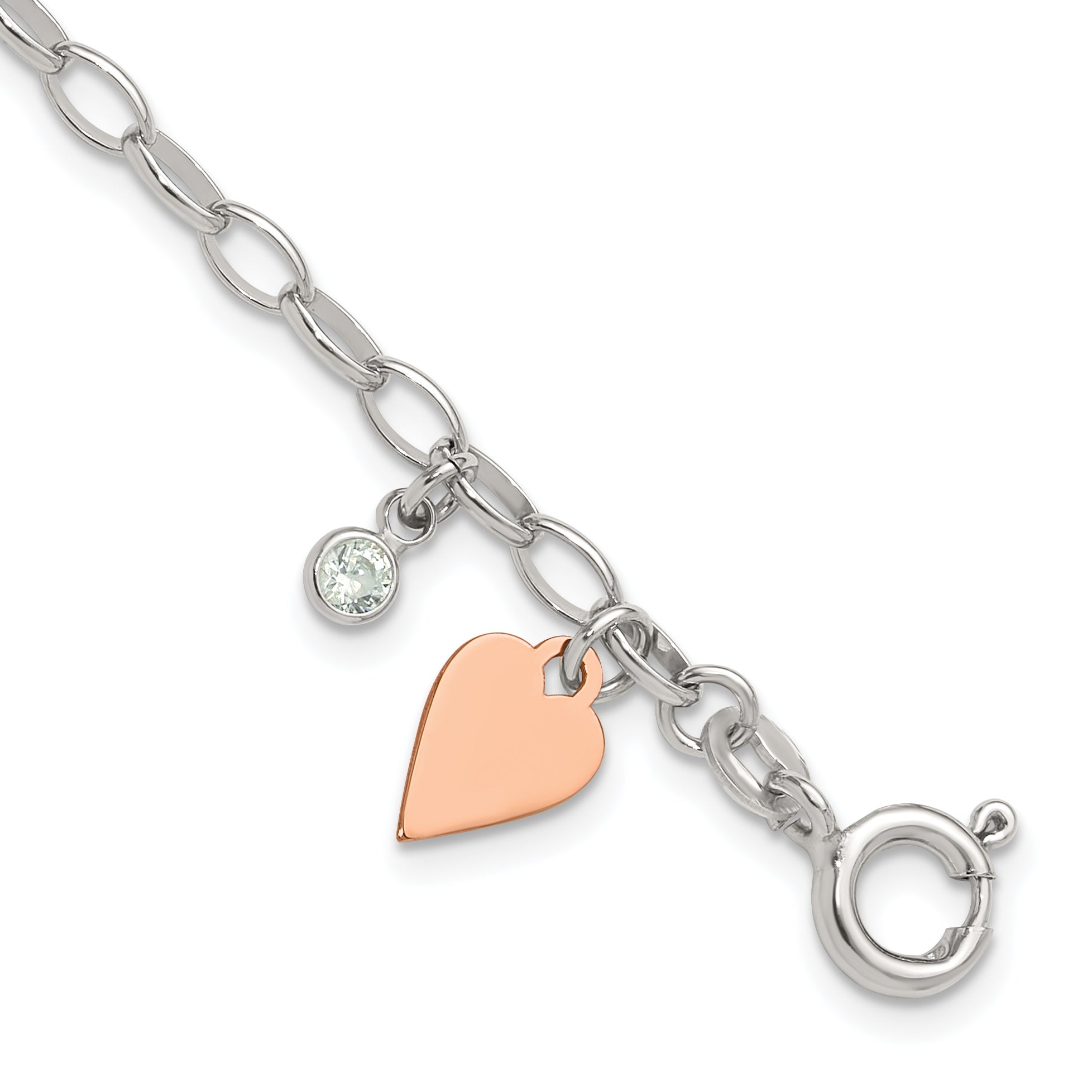 Sterling Silver Rose Gold-plated Polished w/Heart and CZ Link Bracelet Main image