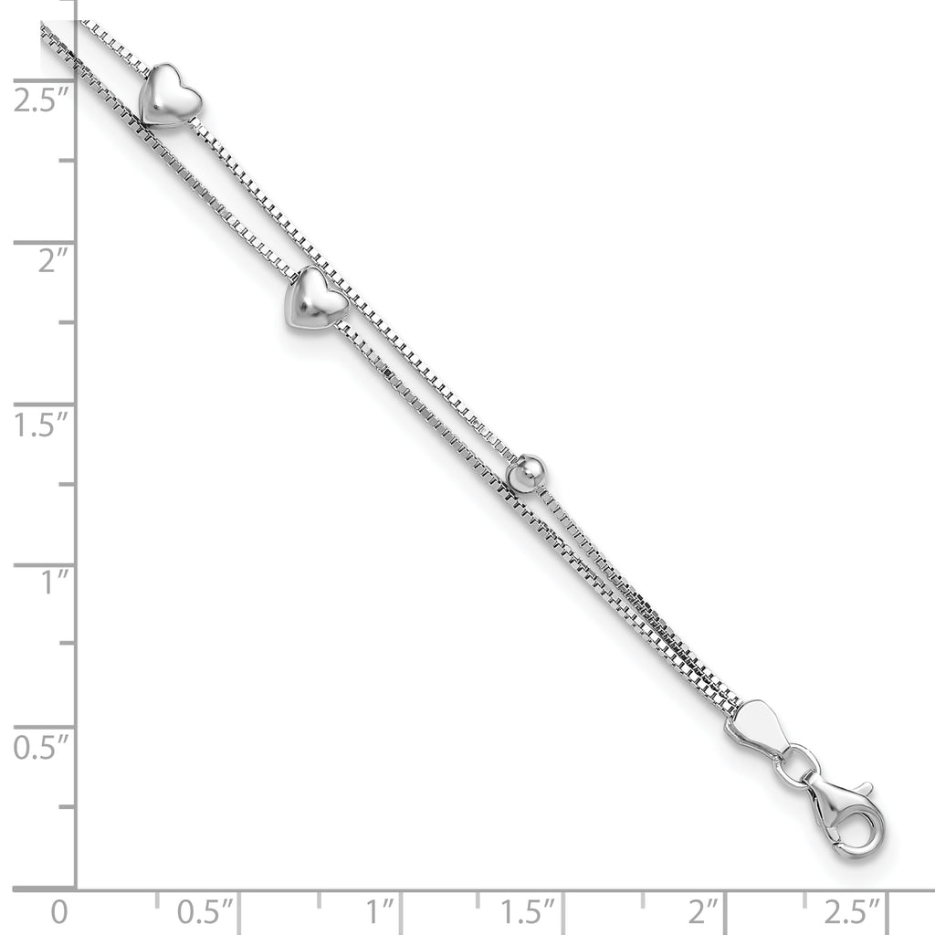 Sterling Silver Rhod-plated  6.75 1in ext Two Strand Heart/Bead Bracelet