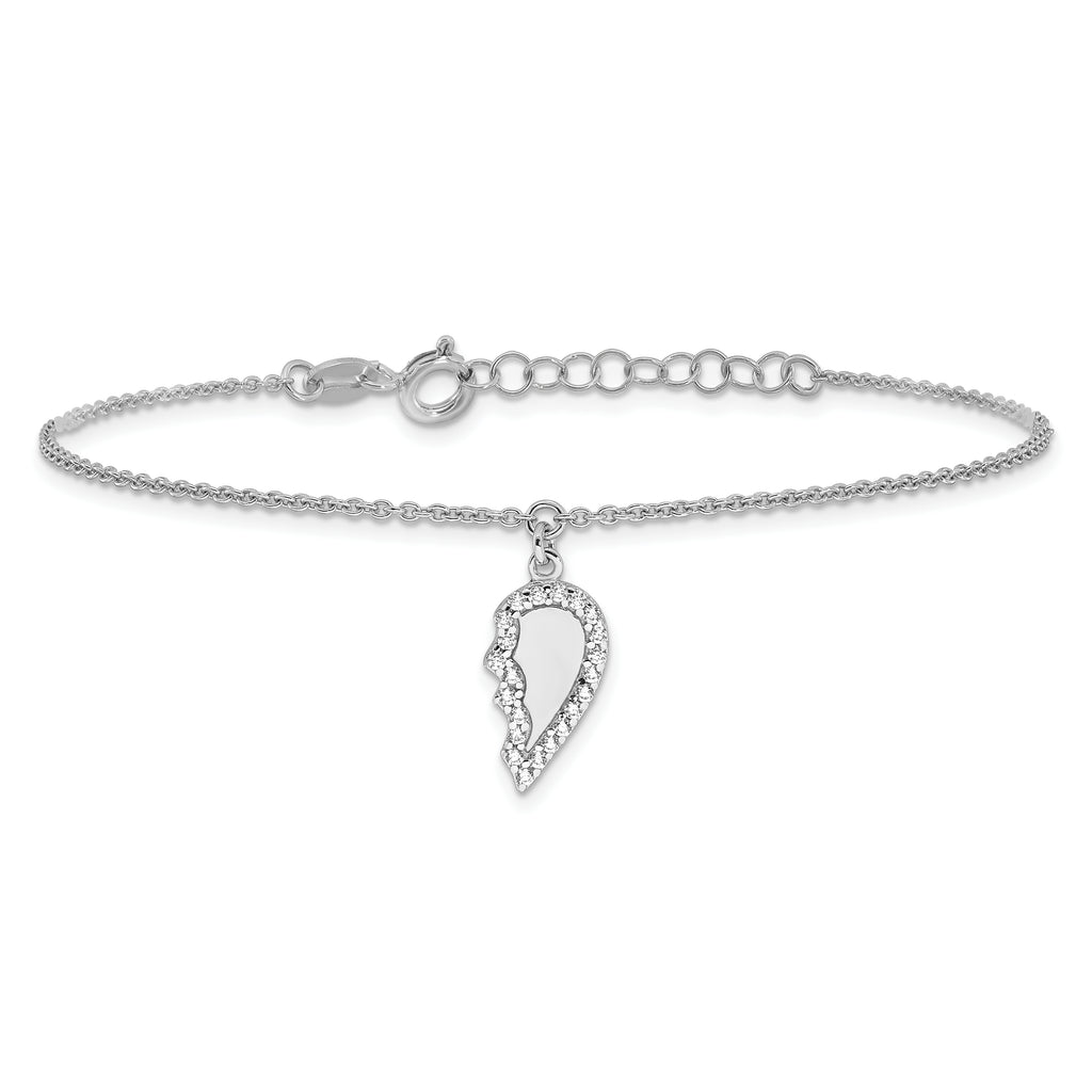 Sterling Silver Rhod-plated CZ Half Heart 7.25in w/1 in ext 2 Bracelet Set