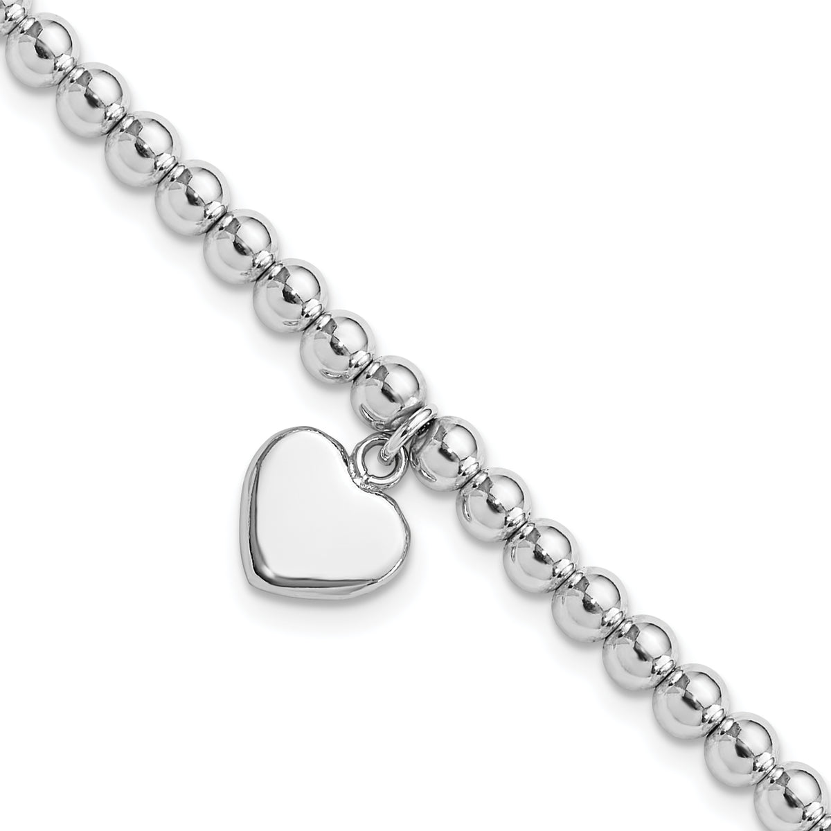 Sterling Silver Rhodium-Rhodium-Plated 4mm Beaded Dangle Heart 7.5in Bracelet