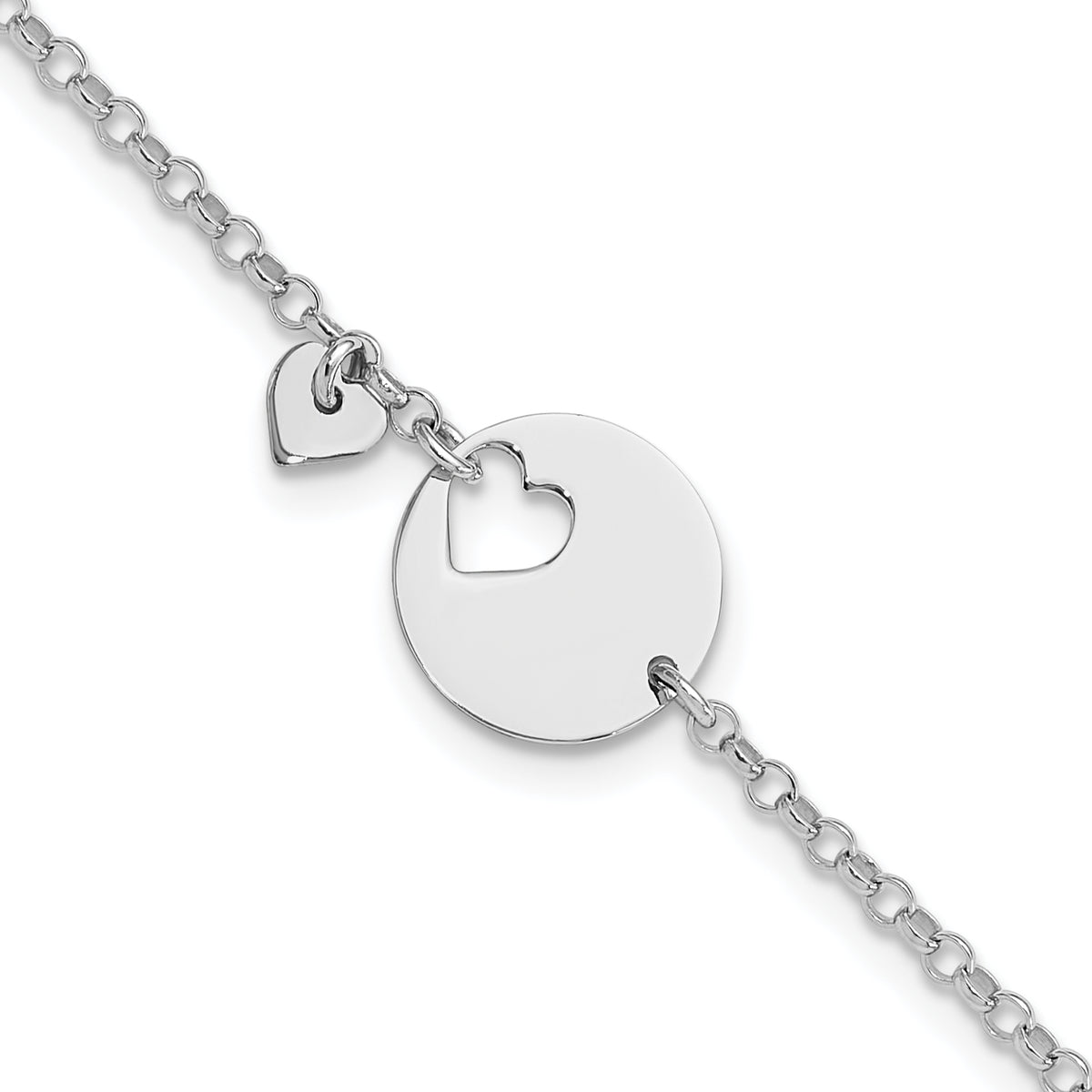 Sterling Silver Rhodium-Rhodium-Plated Heart and Cut Out Disc 7.5in Bracelet