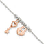 Sterling Silver w/Rose Tone Lock and Key Beaded 7in w/1in ext. Bracelet