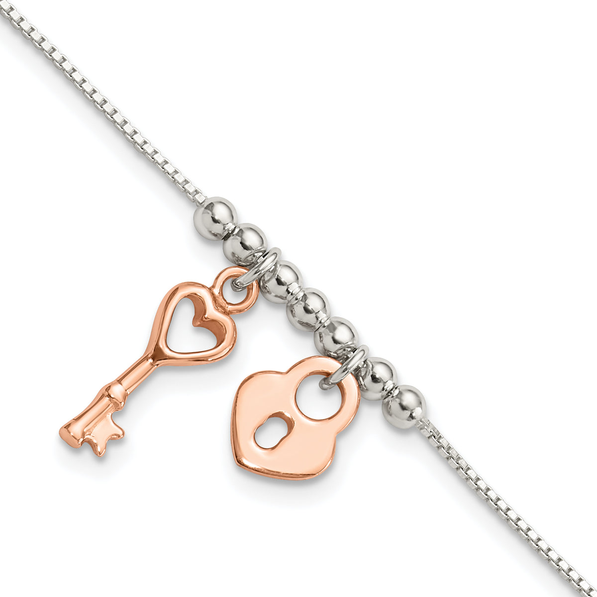 Sterling Silver w/Rose Tone Lock and Key Beaded 7in w/1in ext. Bracelet