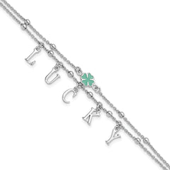 Sterling Silver Rhodium-Platedod-pltd Enamel Clover LUCKY 7.25in w/1in ext Bracelet