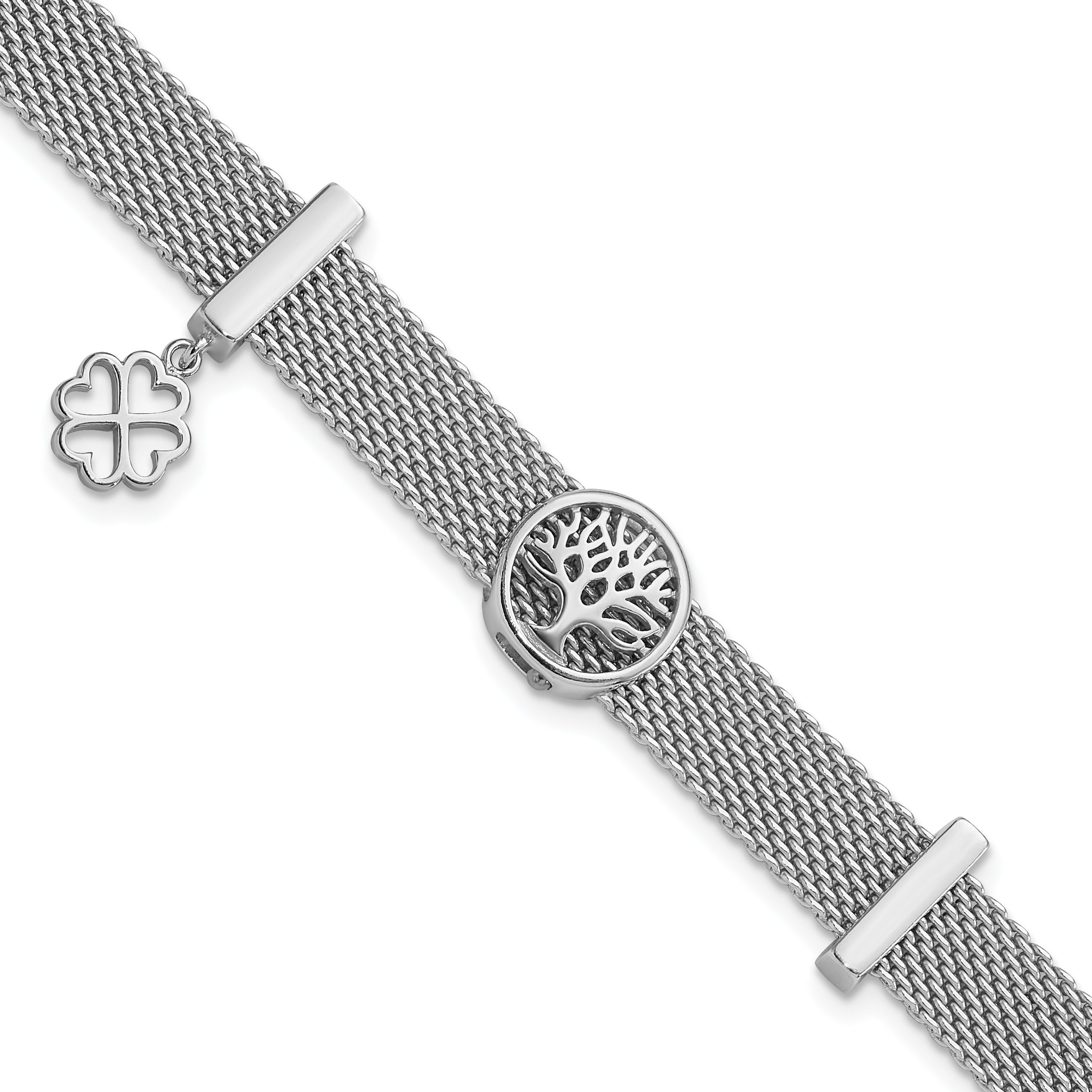 Sterling SilverRhodium-Rhodium-Plated Mesh Tree with Clover Dangle 6.75in Bracelet