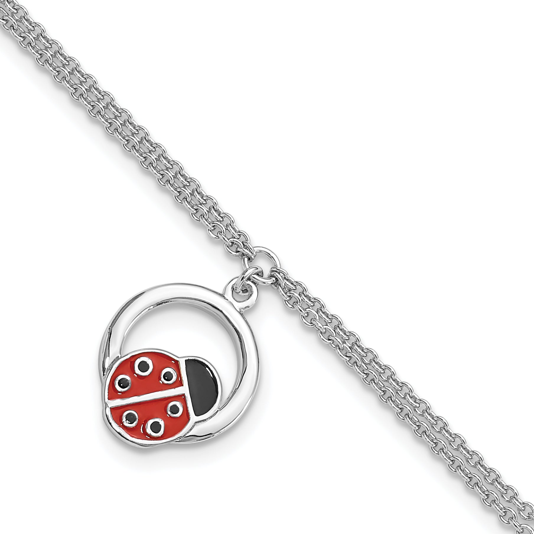 Sterling Silver Rhodium-Platedod-pltd Enamel Ladybug on Ring 7.25in w/1in ext Bracelet