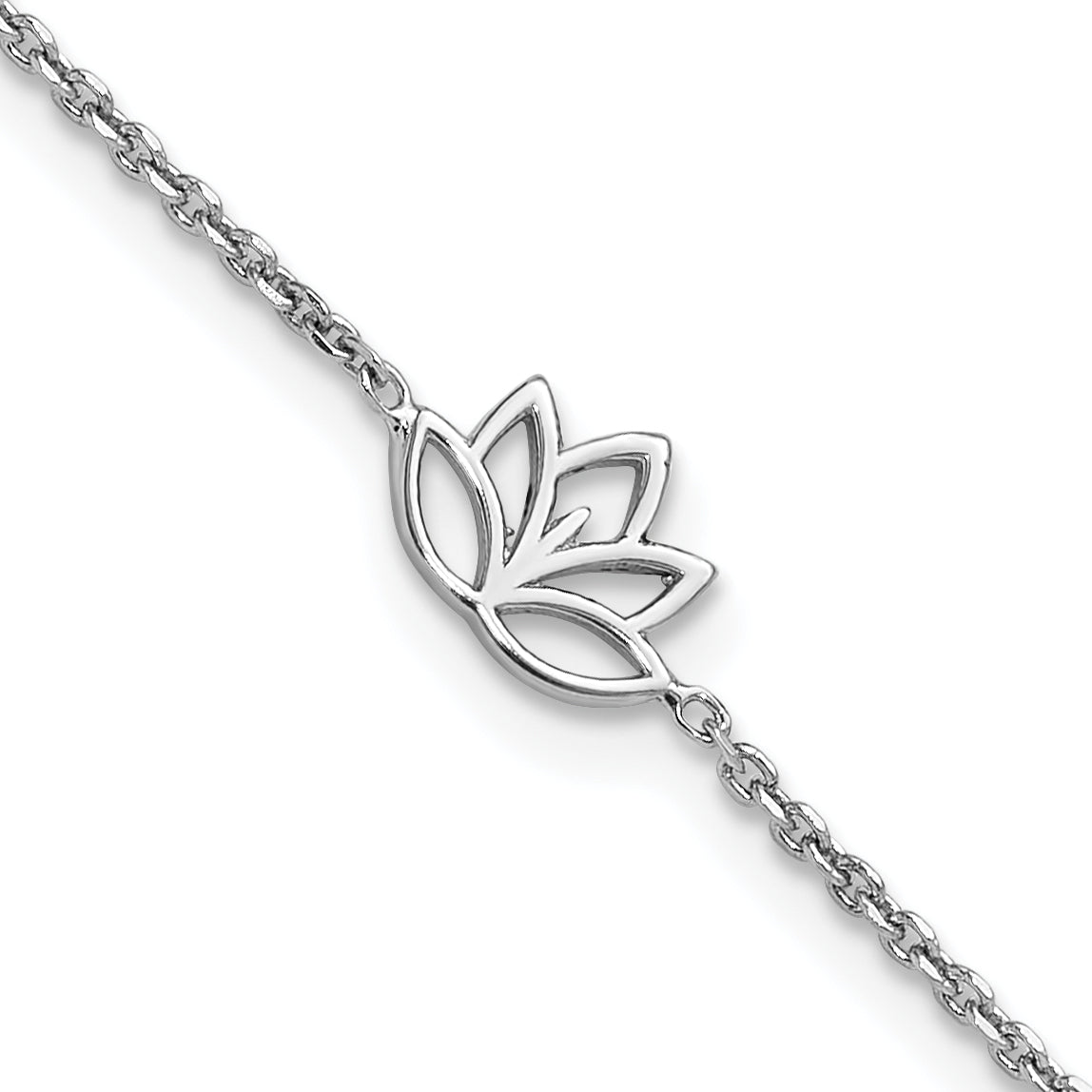 Sterling Silver Rhodium-Rhodium-Plated Lotus Flower w/.5 in ext. Bracelet