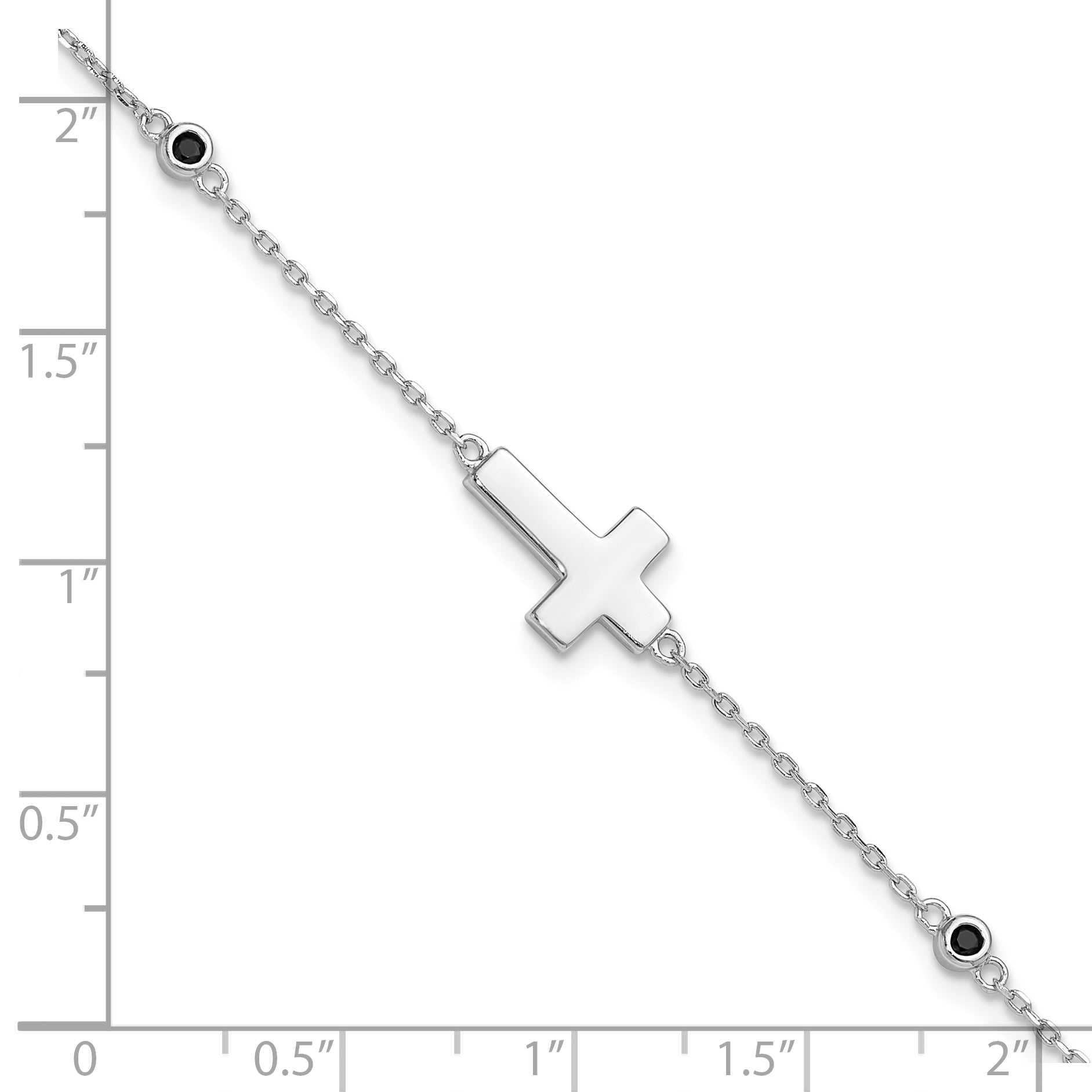 Sterling Silver Rhodium-plated Cross Black Spinel 7in With 1in ext. Bracelet