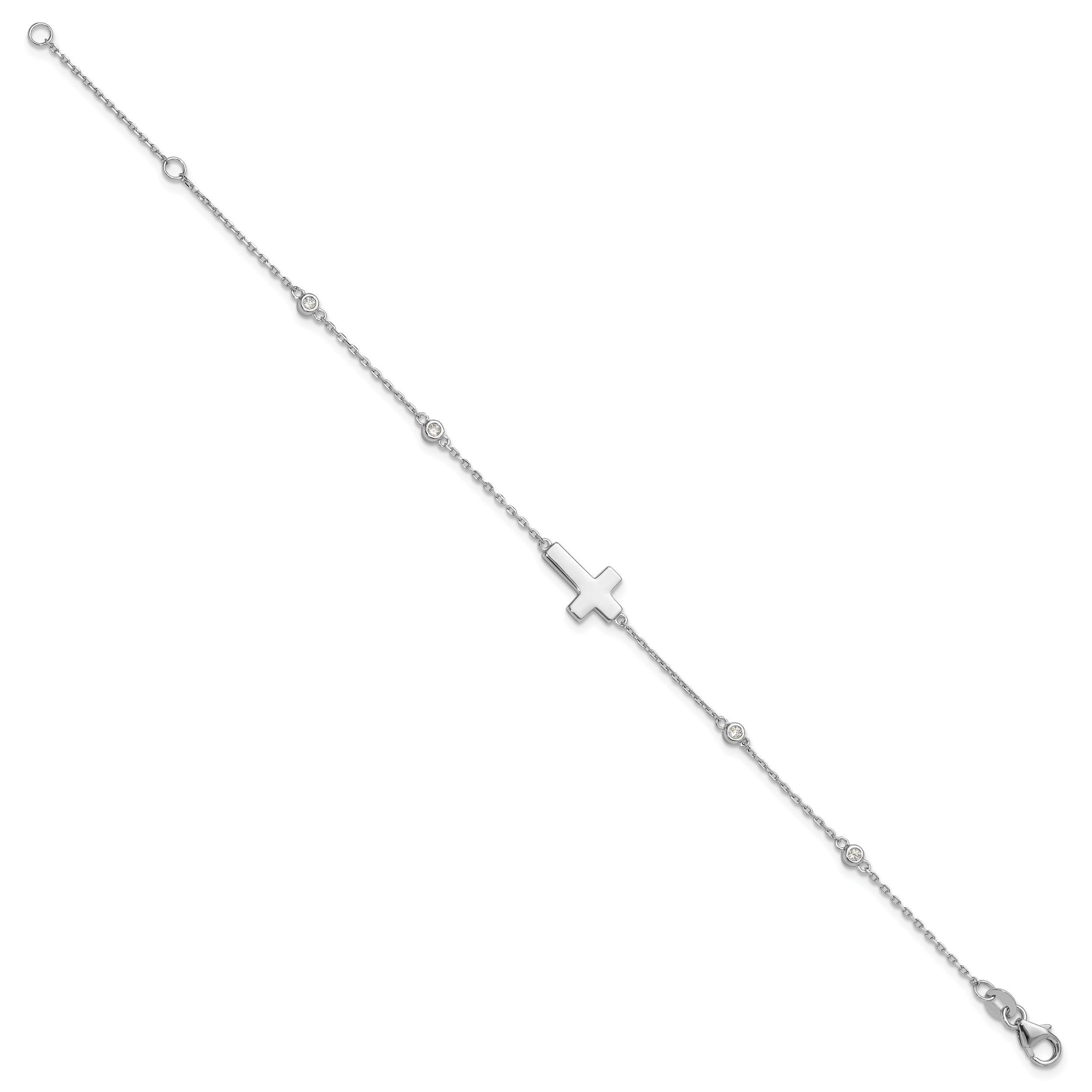 Sterling Silver Rhodium-plated CZ Sideways Cross 8in w/1in ext. Bracelet Secondary image