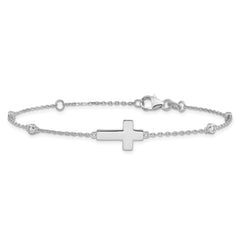 Sterling Silver Rhodium-plated CZ Sideways Cross 8in w/1in ext. Bracelet