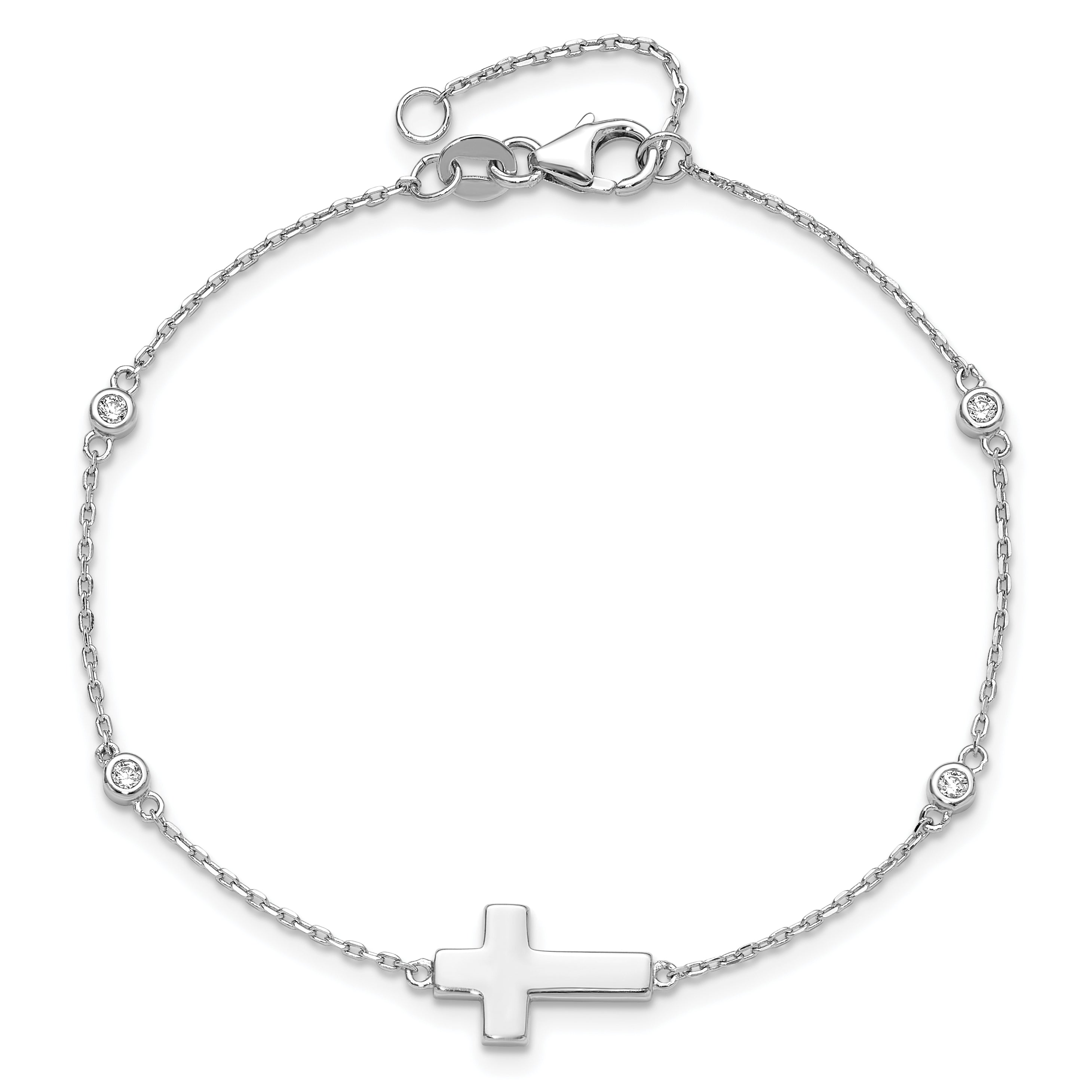 Sterling Silver Rhodium-plated CZ Sideways Cross 8in w/1in ext. Bracelet