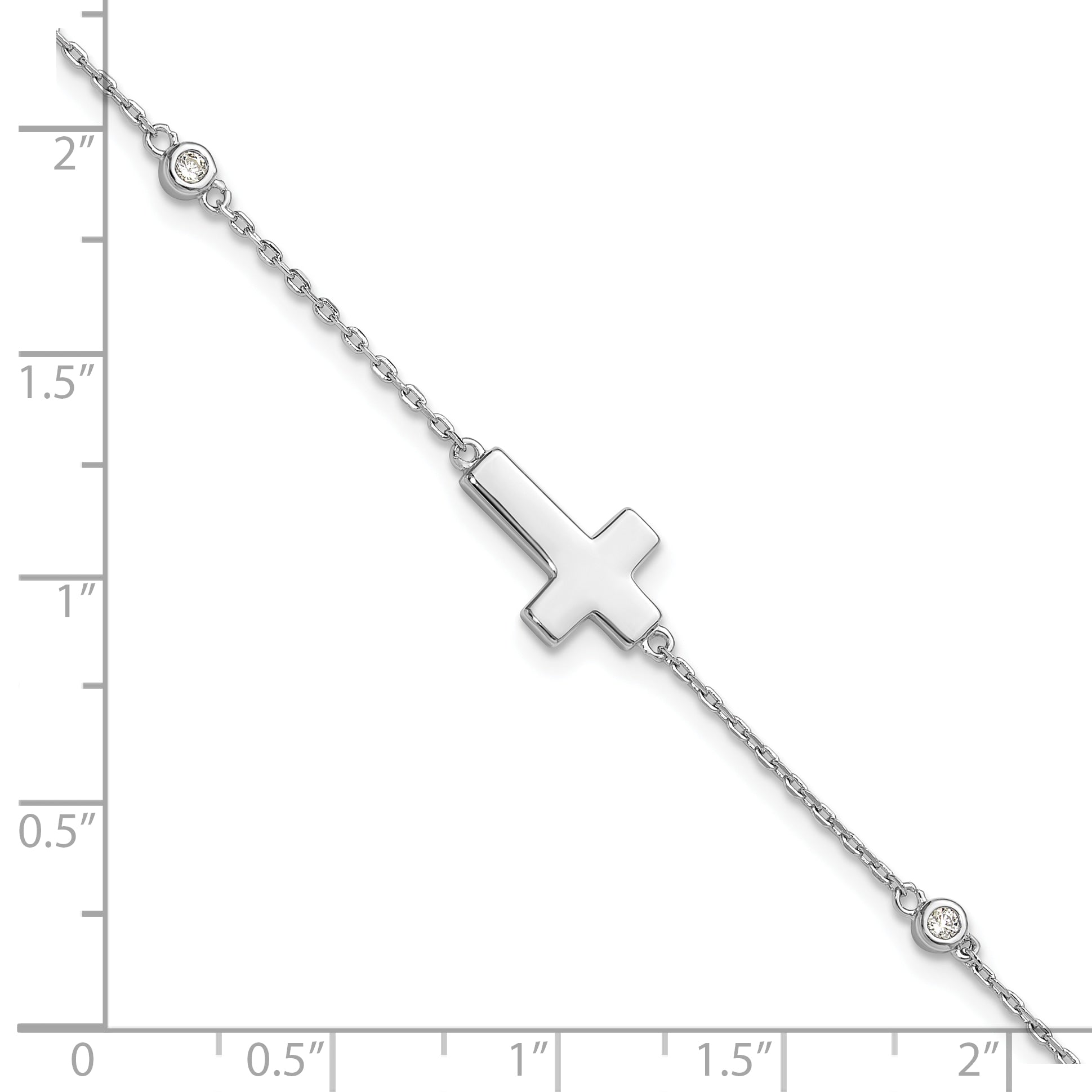 Sterling Silver Rhodium-plated CZ Sideways Cross 8in w/1in ext. Bracelet