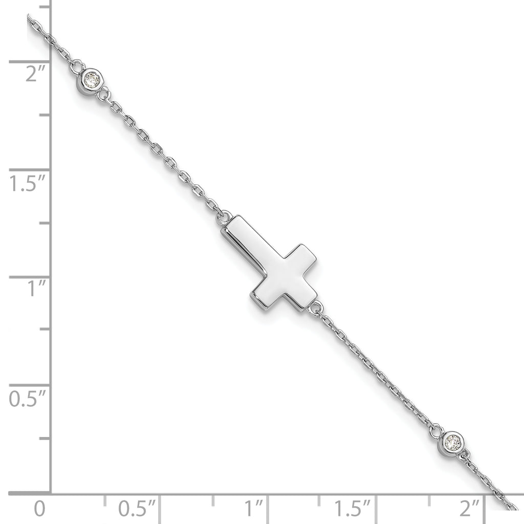Sterling Silver Rhodium-plated CZ Sideways Cross 8in w/1in ext. Bracelet