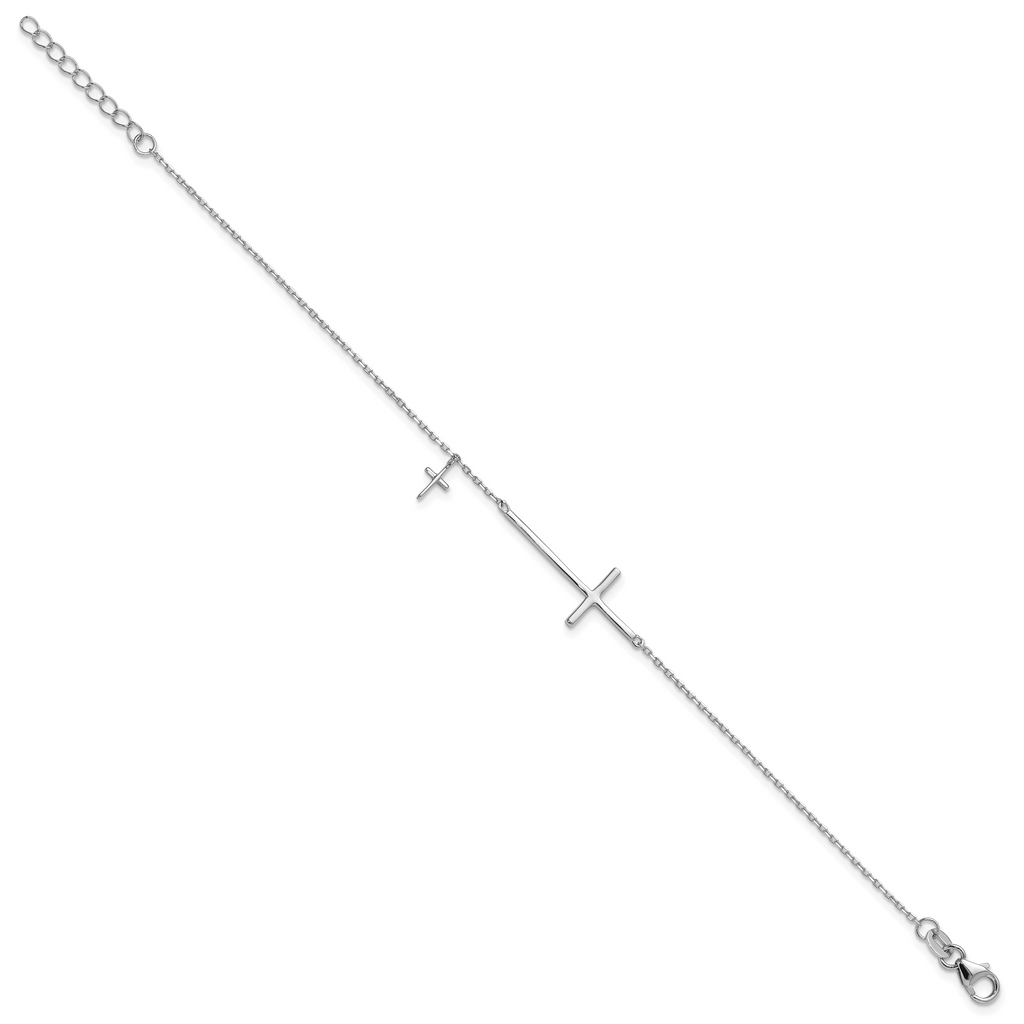 Sterling Silver Rhodium-plated Sideways Cross 7in With 1in ext. Bracelet