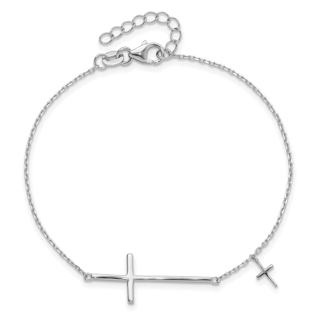 Sterling Silver Rhodium-plated Sideways Cross 7in With 1in ext. Bracelet