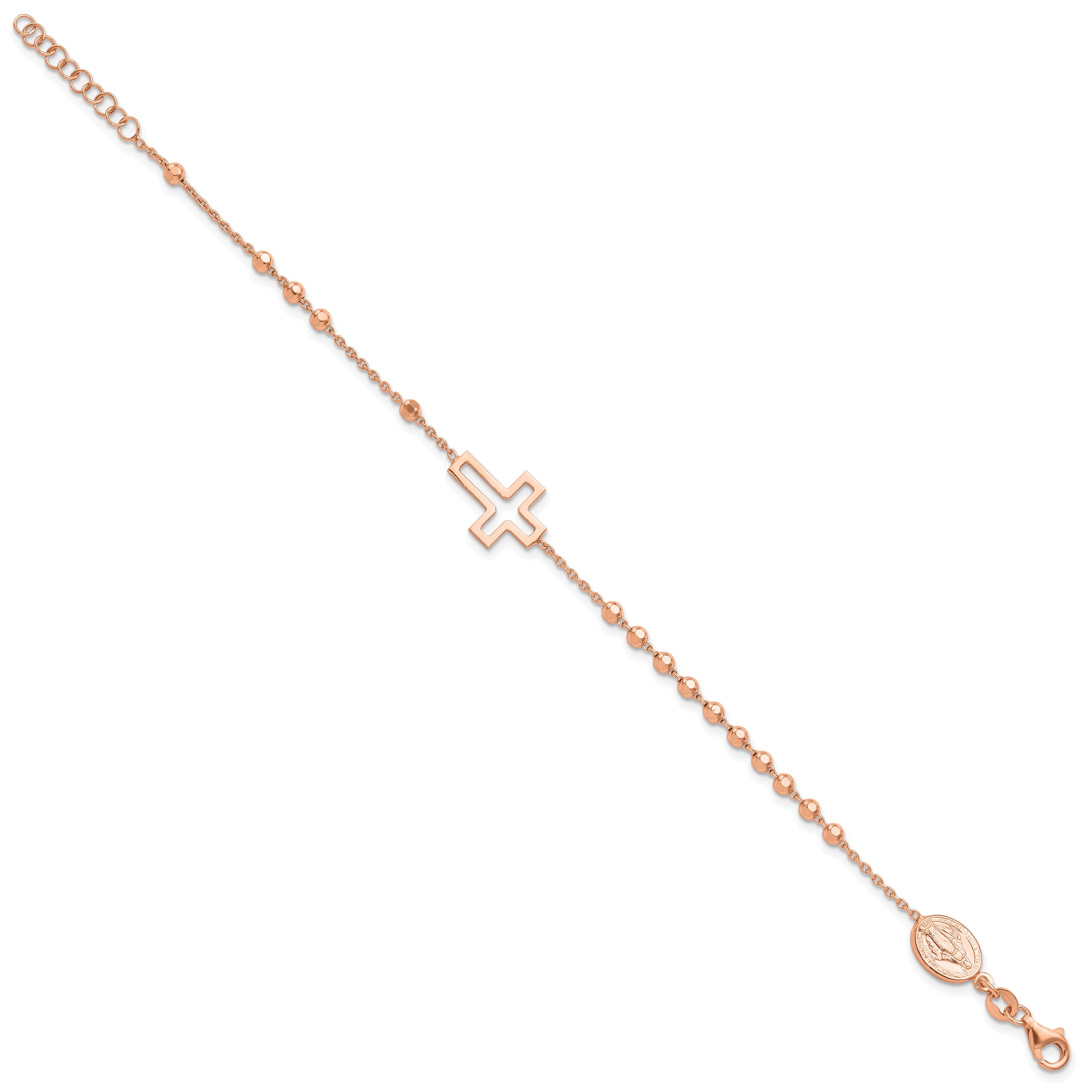 Sterling Silver Rose-tone Rosary Cross 7in With 1in Ext. Bracelet
