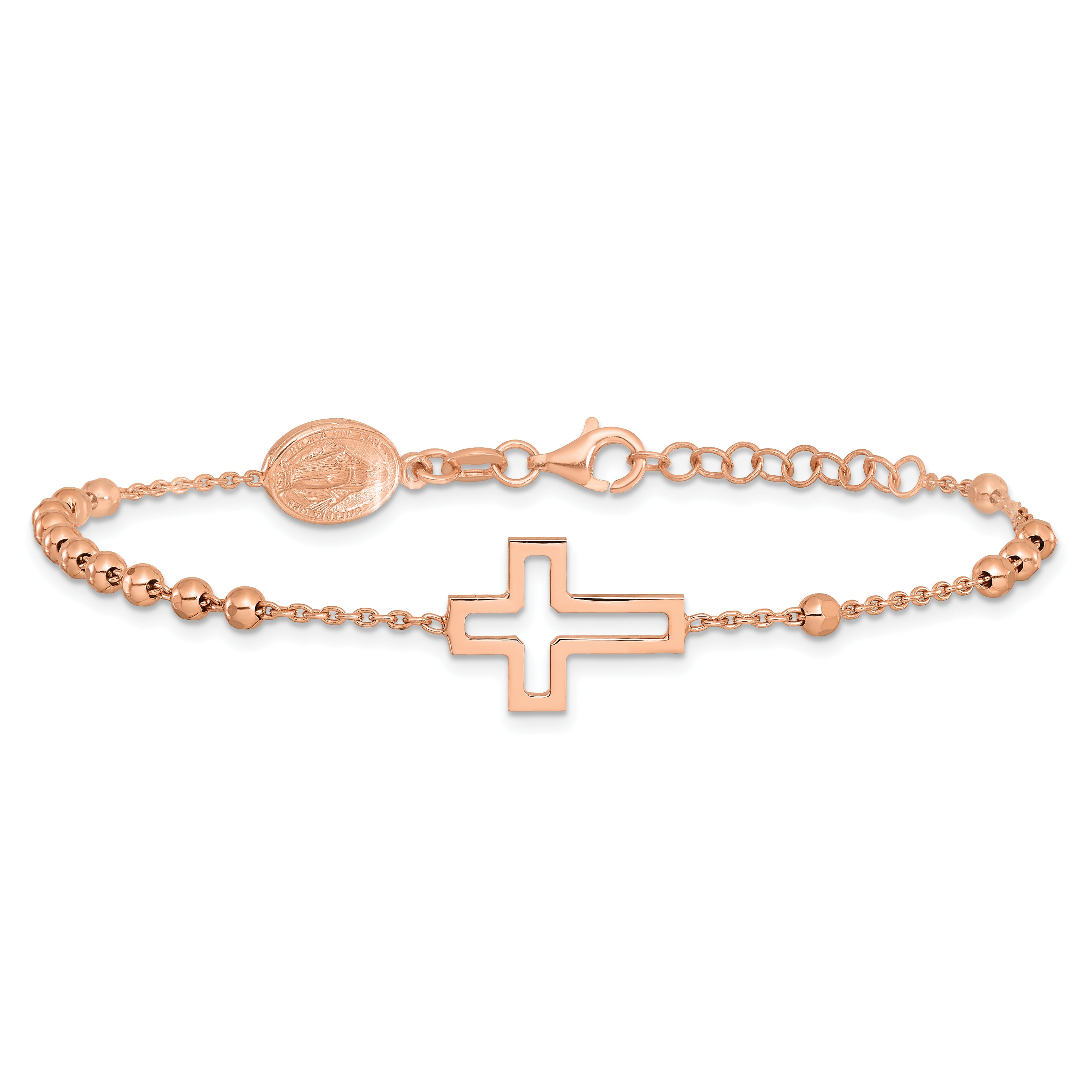 Sterling Silver Rose-tone Rosary Cross 7in With 1in Ext. Bracelet