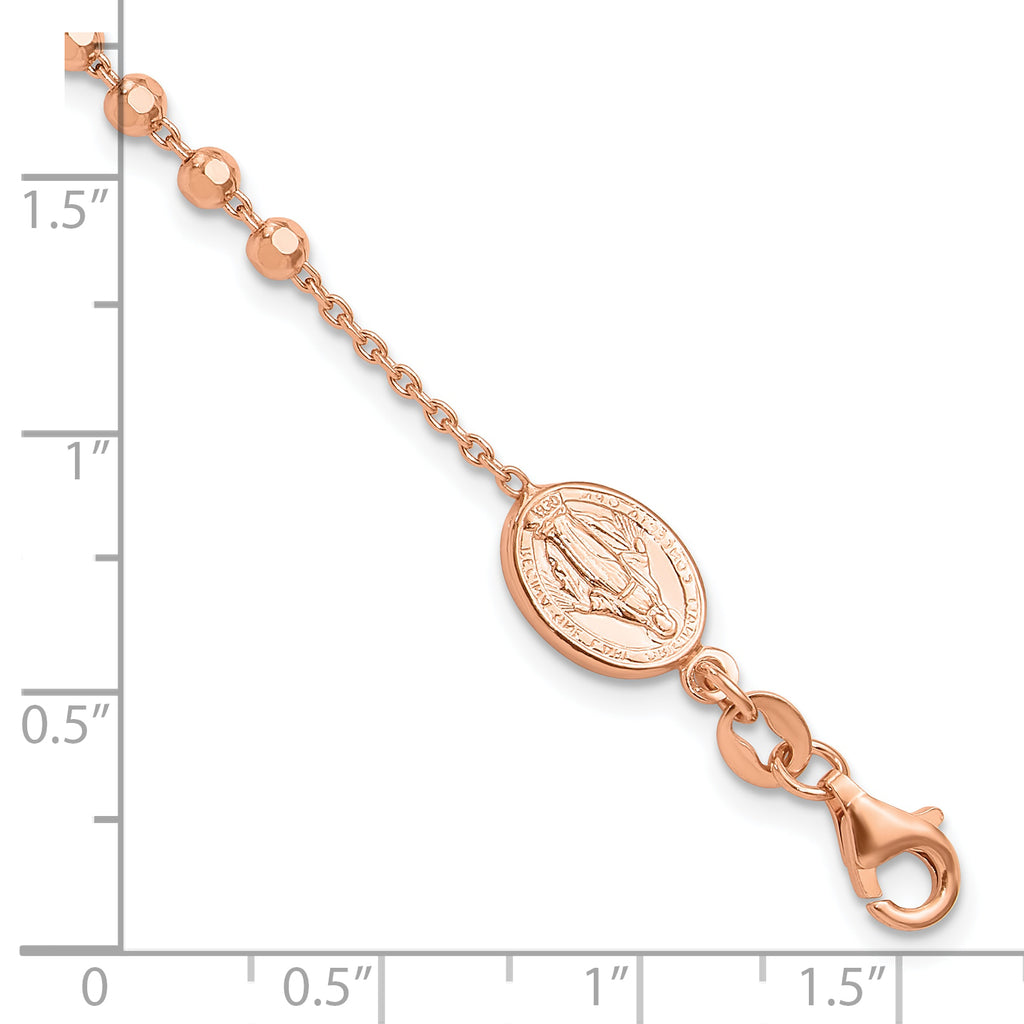 Sterling Silver Rose-tone Rosary Cross 7in With 1in Ext. Bracelet