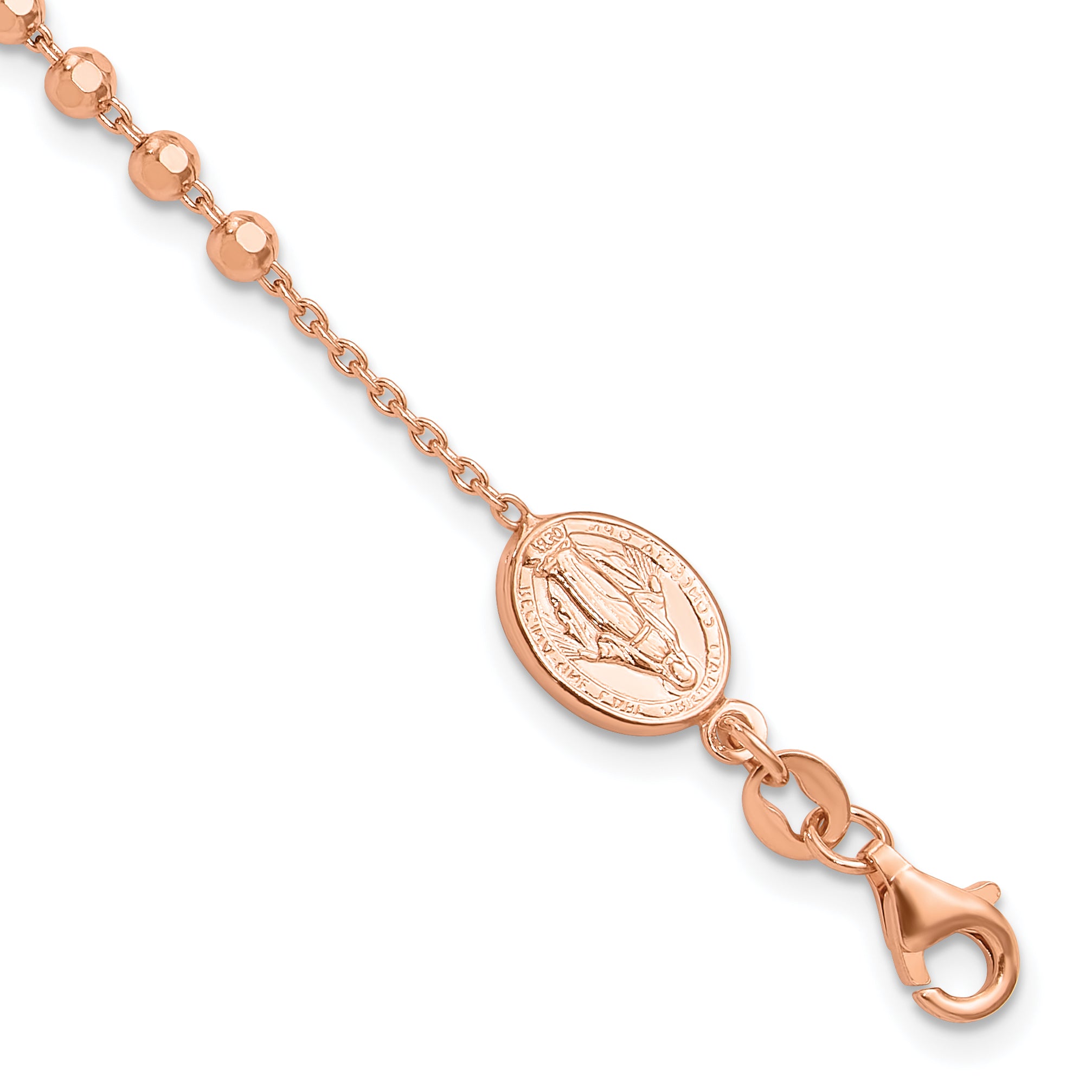 Sterling Silver Rose-tone Rosary Cross 7in With 1in Ext. Bracelet