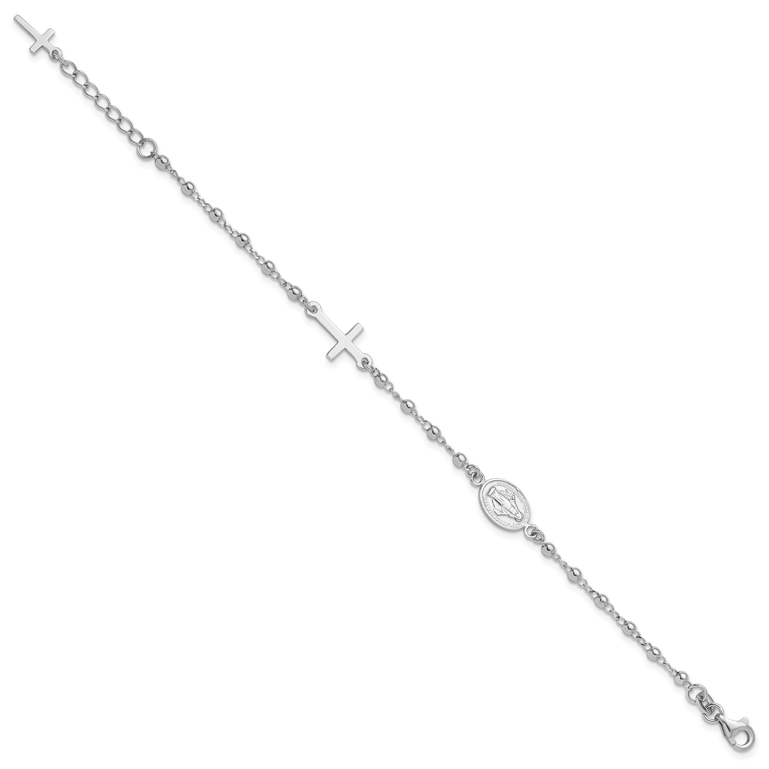 Sterling Silver Rh-plated 6.5in With 1in ext Rosary Bracelet