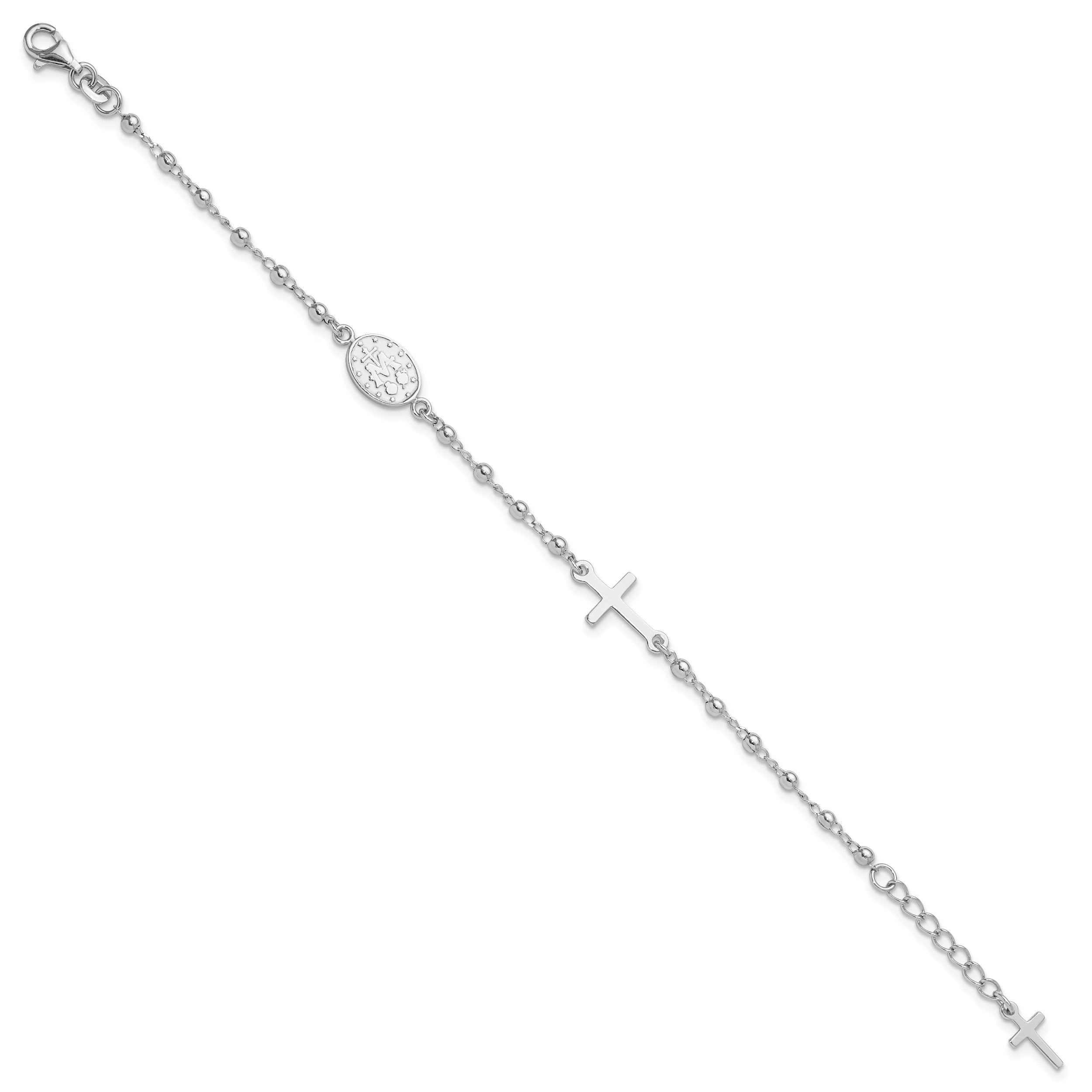 Sterling Silver Rh-plated 6.5in With 1in ext Rosary Bracelet
