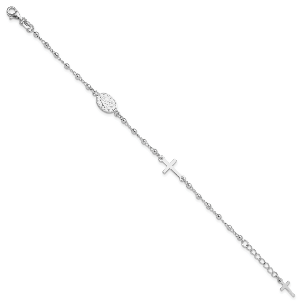Sterling Silver Rh-plated 6.5in With 1in ext Rosary Bracelet