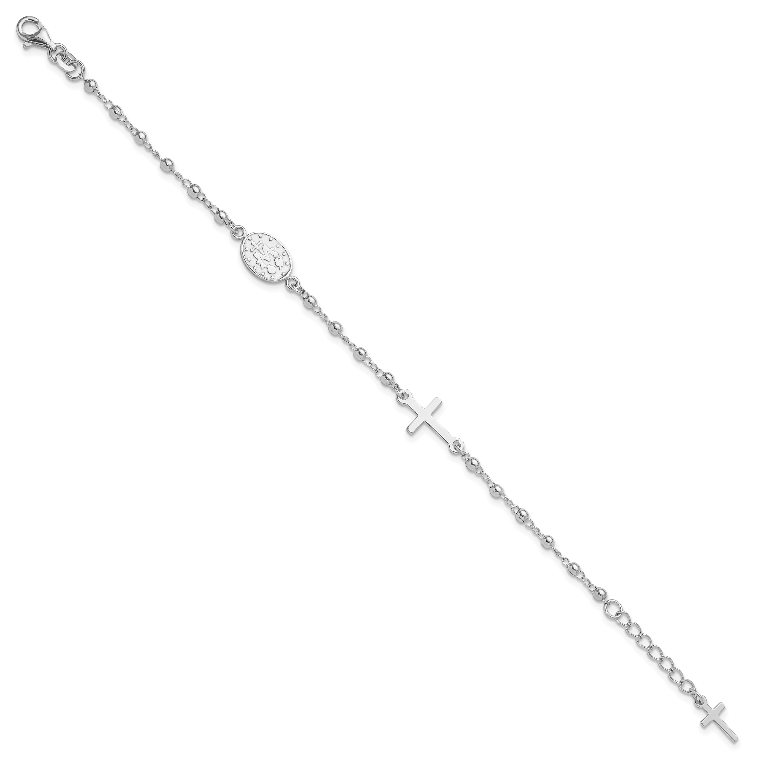 Sterling Silver Rh-plated 6.5in With 1in ext Rosary Bracelet