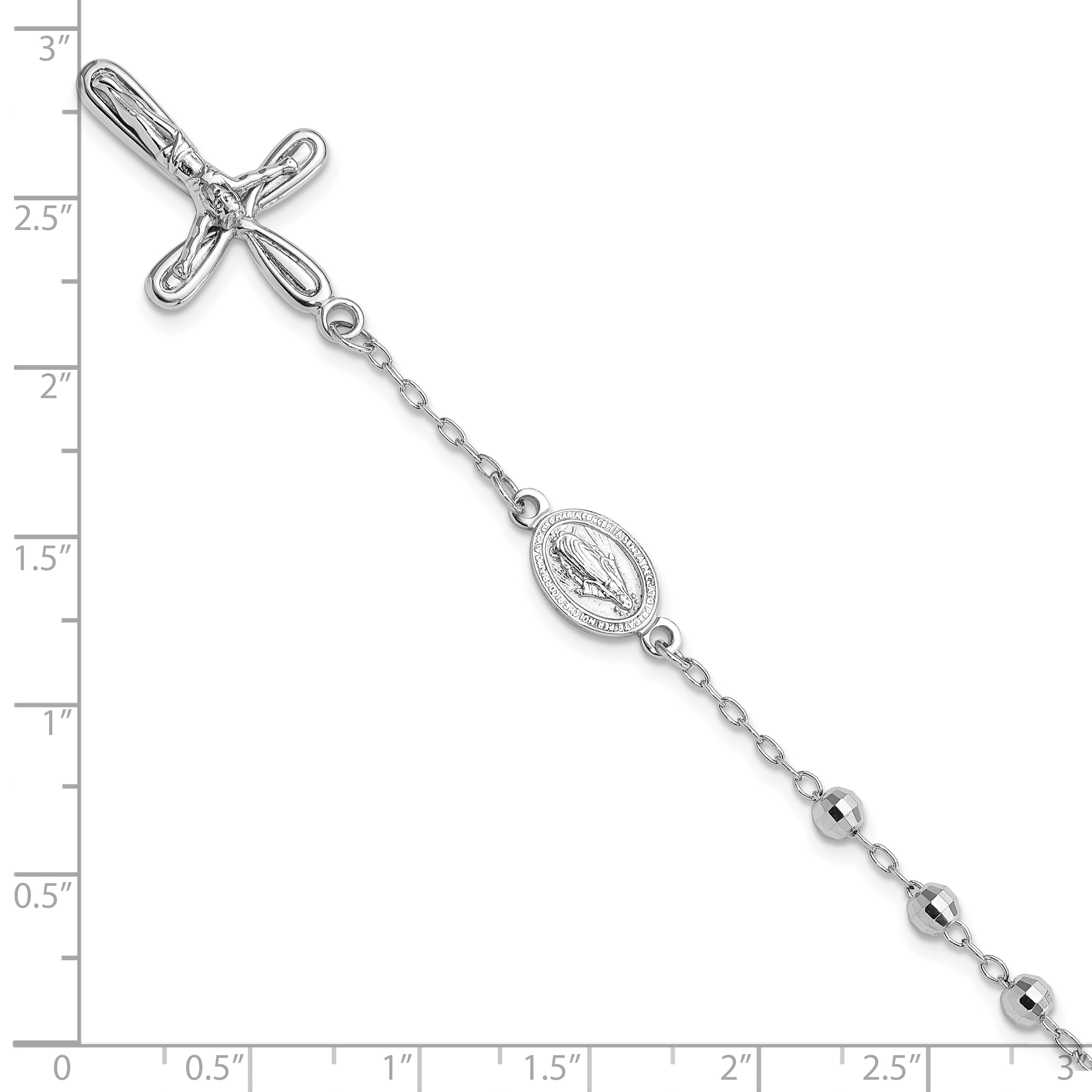 Sterling Silver Rhodium-plated Dangle Cross Beaded Rosary 7.5in Bracelet