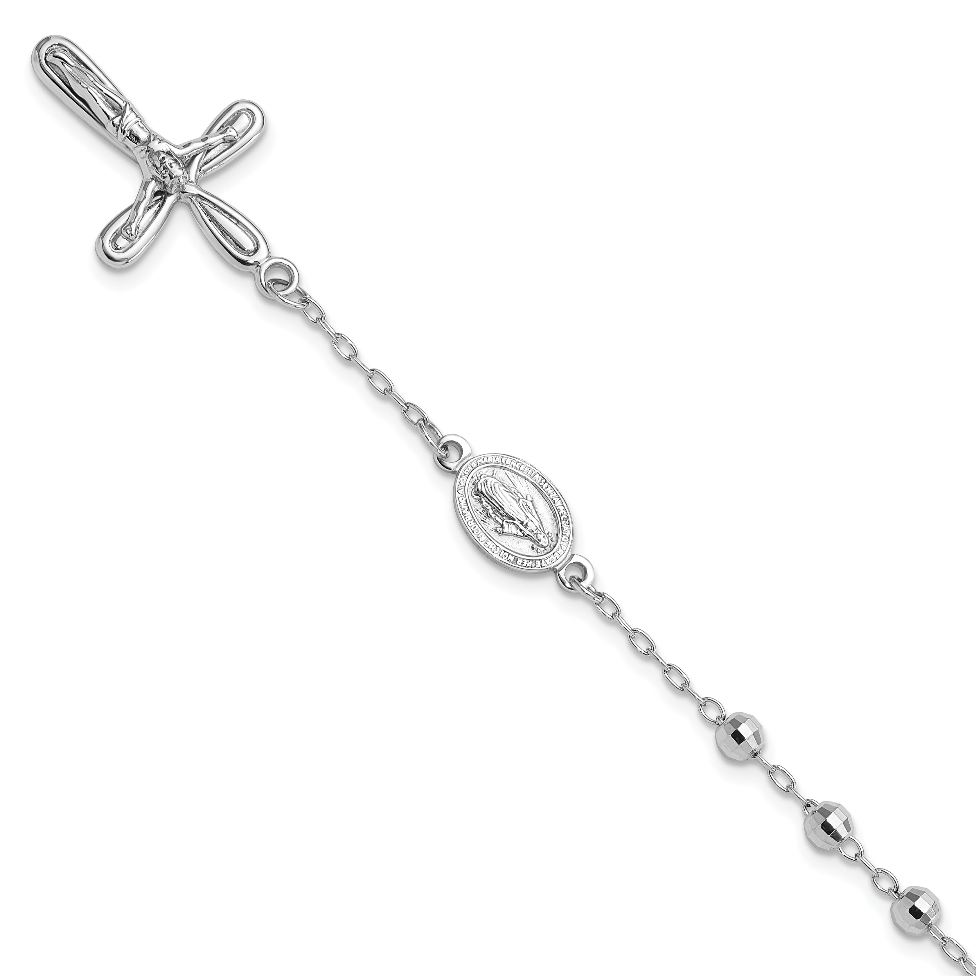 Sterling Silver Rhodium-plated Dangle Cross Beaded Rosary 7.5in Bracelet Main image