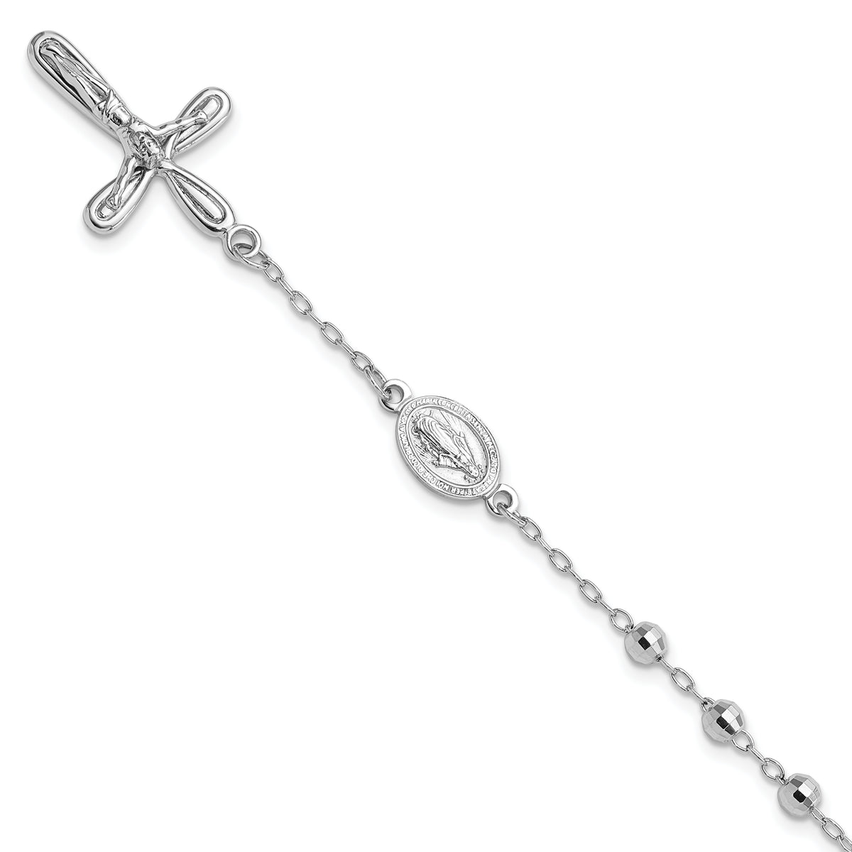 Sterling Silver Rhodium-plated Dangle Cross Beaded Rosary 7.5in Bracelet