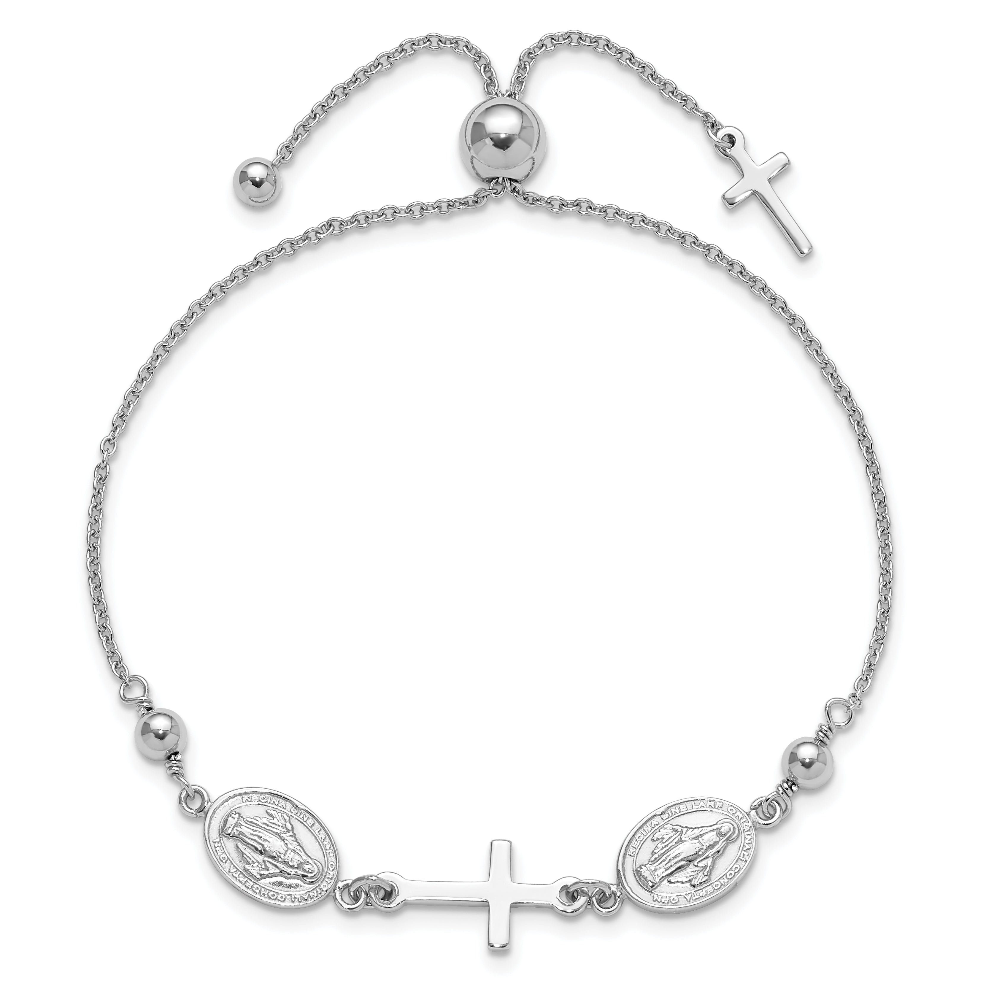 Sterling Silver Rhod-plated Cross with Medals Adjustable Bracelet