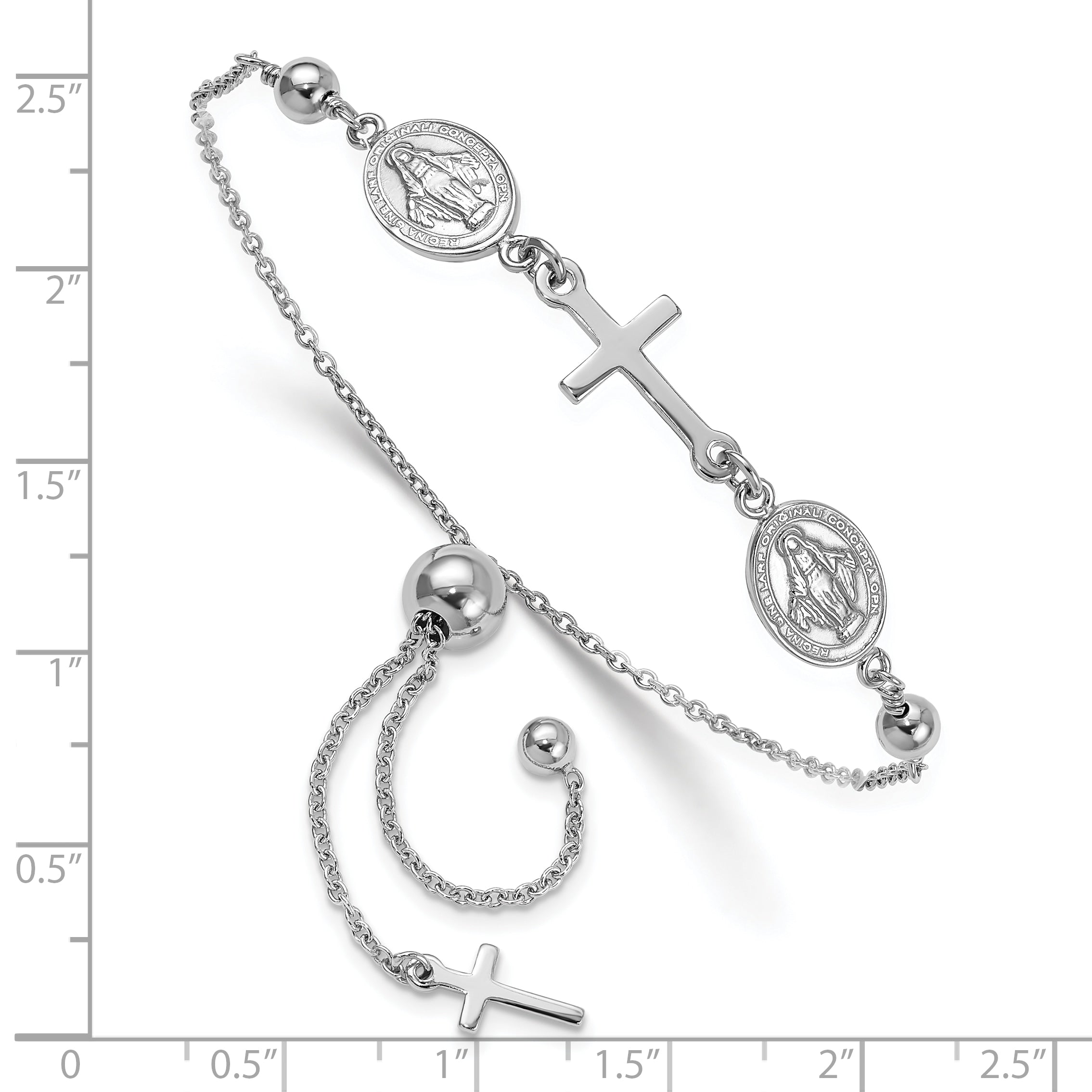 Sterling Silver Rhod-plated Cross with Medals Adjustable Bracelet