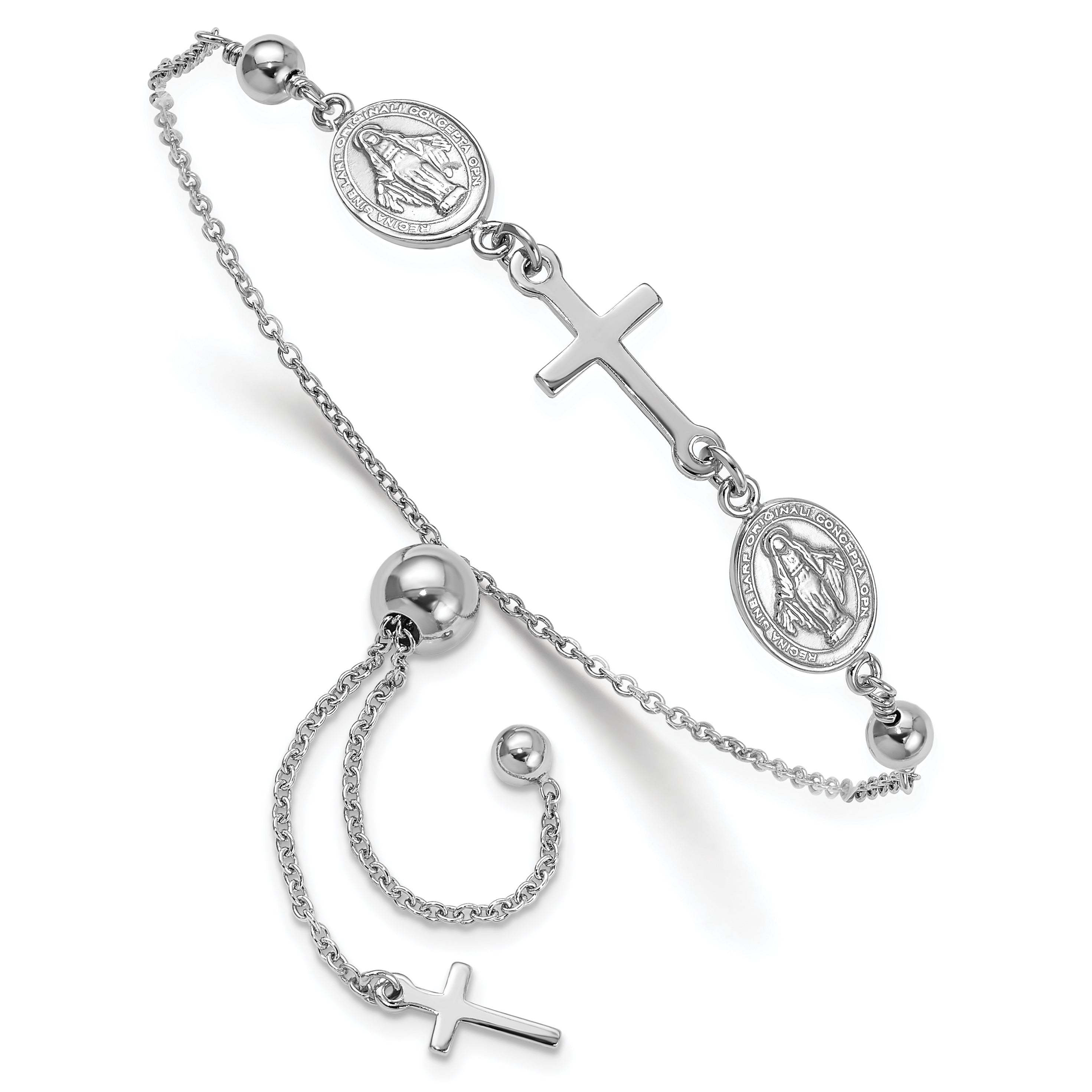 Sterling Silver Rhod-plated Cross with Medals Adjustable Bracelet