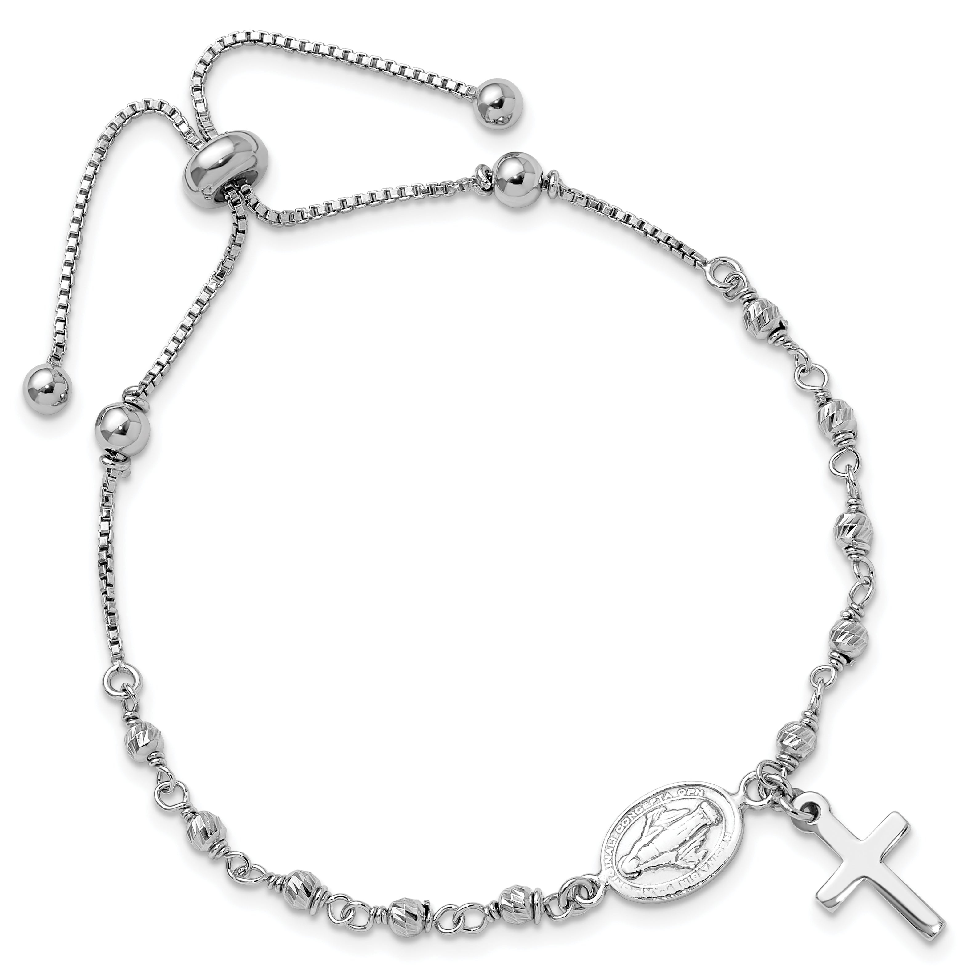 Sterling Silver Rh-plated Cross Dangle Rosary Adjustable Bracelet