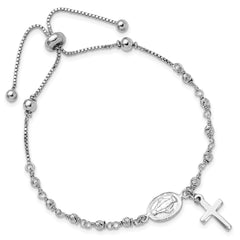 Sterling Silver Rh-plated Cross Dangle Rosary Adjustable Bracelet