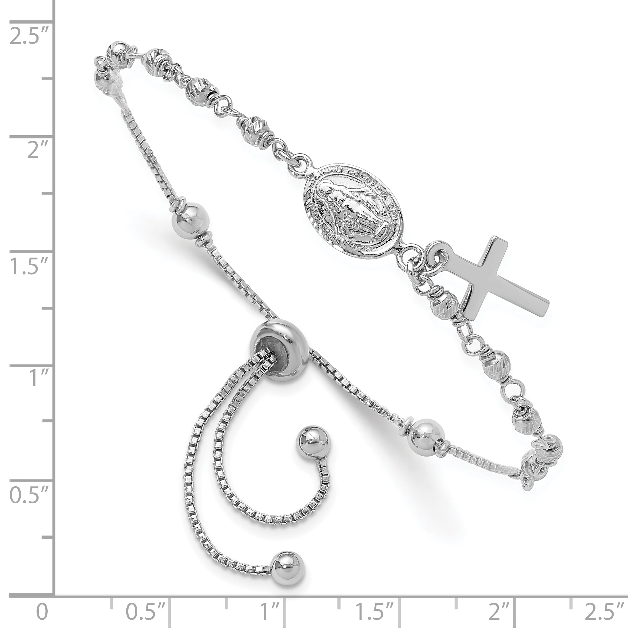 Sterling Silver Rh-plated Cross Dangle Rosary Adjustable Bracelet