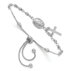 Sterling Silver Rh-plated Cross Dangle Rosary Adjustable Bracelet