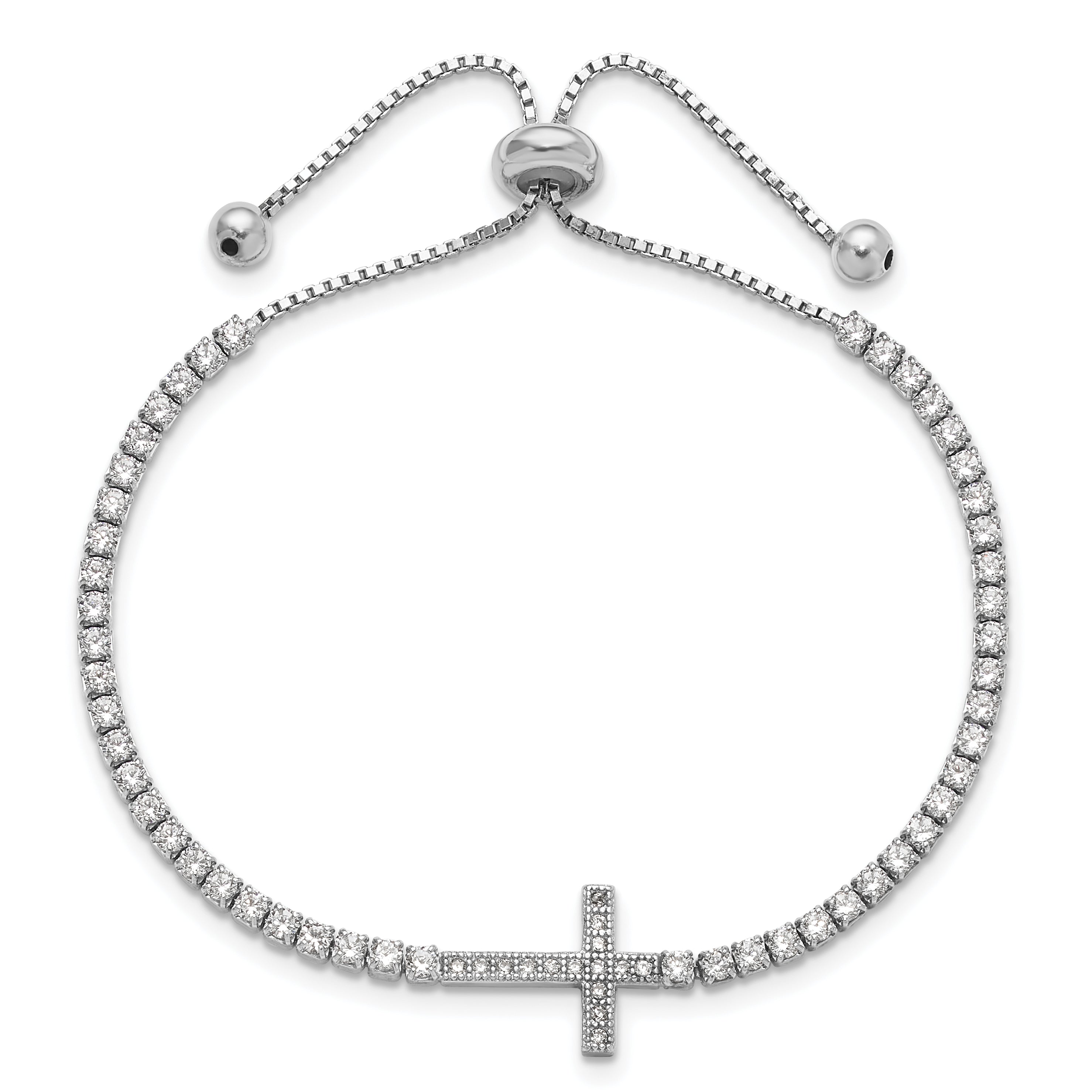 Sterling Silver Rhodium-plated CZ Sideways Cross Adjustable Bracelet Secondary image