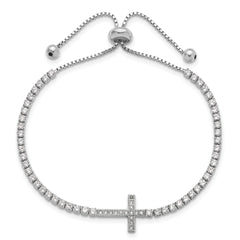 Sterling Silver Rhodium-plated CZ Sideways Cross Adjustable Bracelet