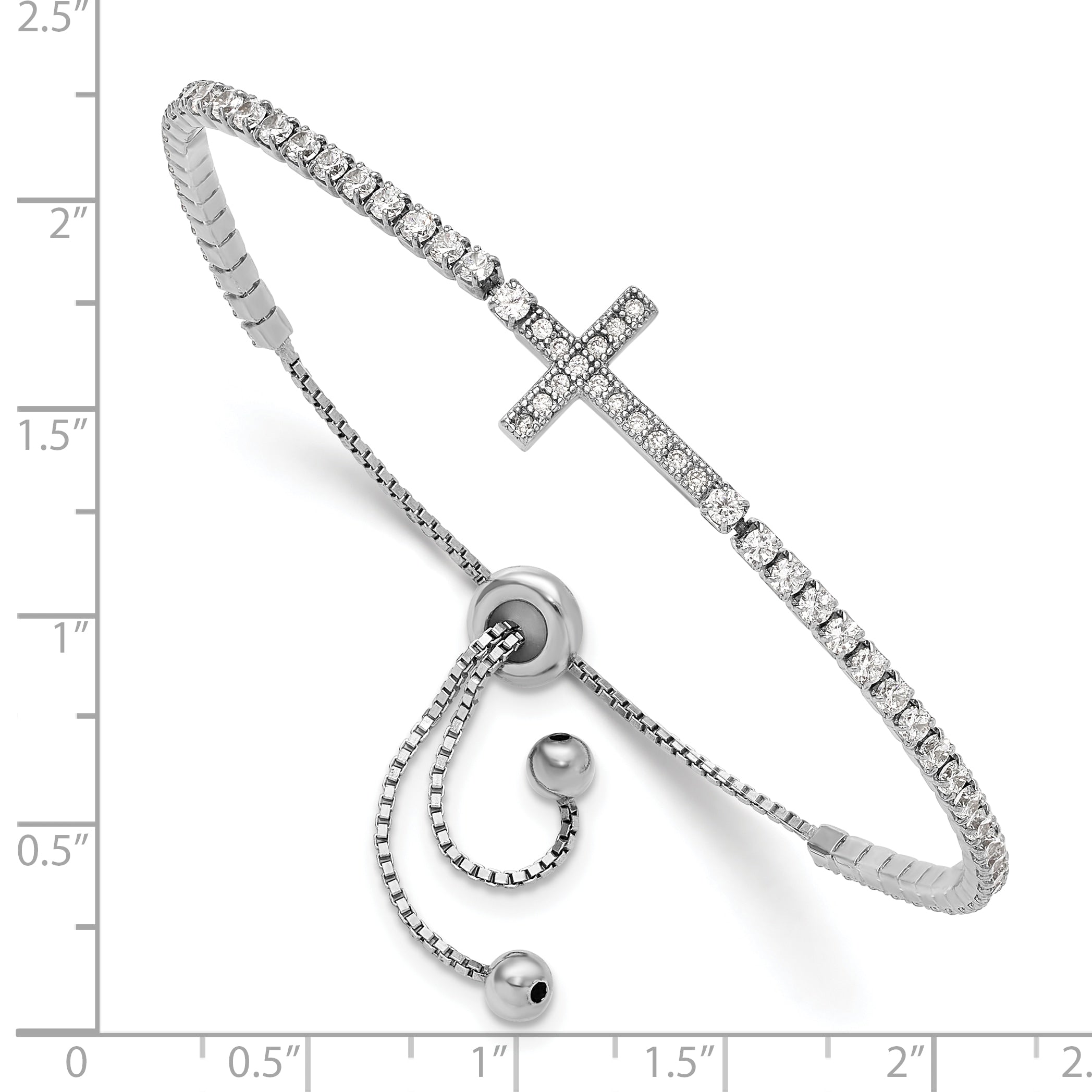 Sterling Silver Rhodium-plated CZ Sideways Cross Adjustable Bracelet