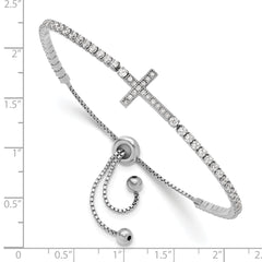 Sterling Silver Rhodium-plated CZ Sideways Cross Adjustable Bracelet