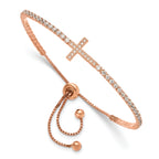 Sterling Silver Rose-tone CZ Sideways Cross Adjustable Bracelet