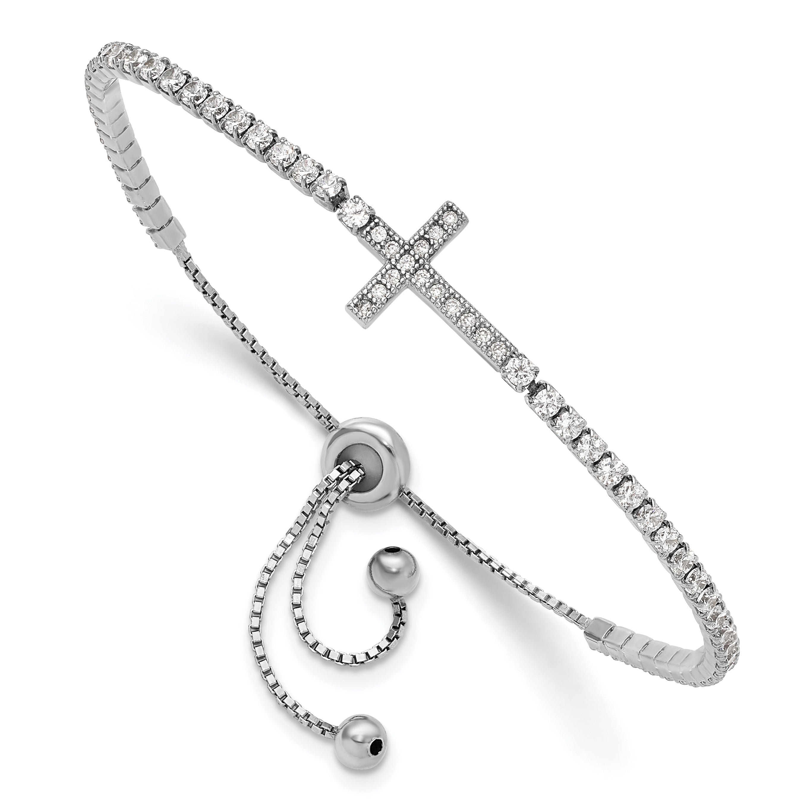 Sterling Silver Rhodium-plated CZ Sideways Cross Adjustable Bracelet