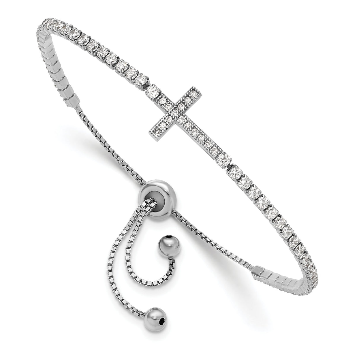 Cubic Zirconia Sideways Cross Bolo Bracelet in Sterling Silver, 10.8mm Adjustable - Sophia Jewelers Main image