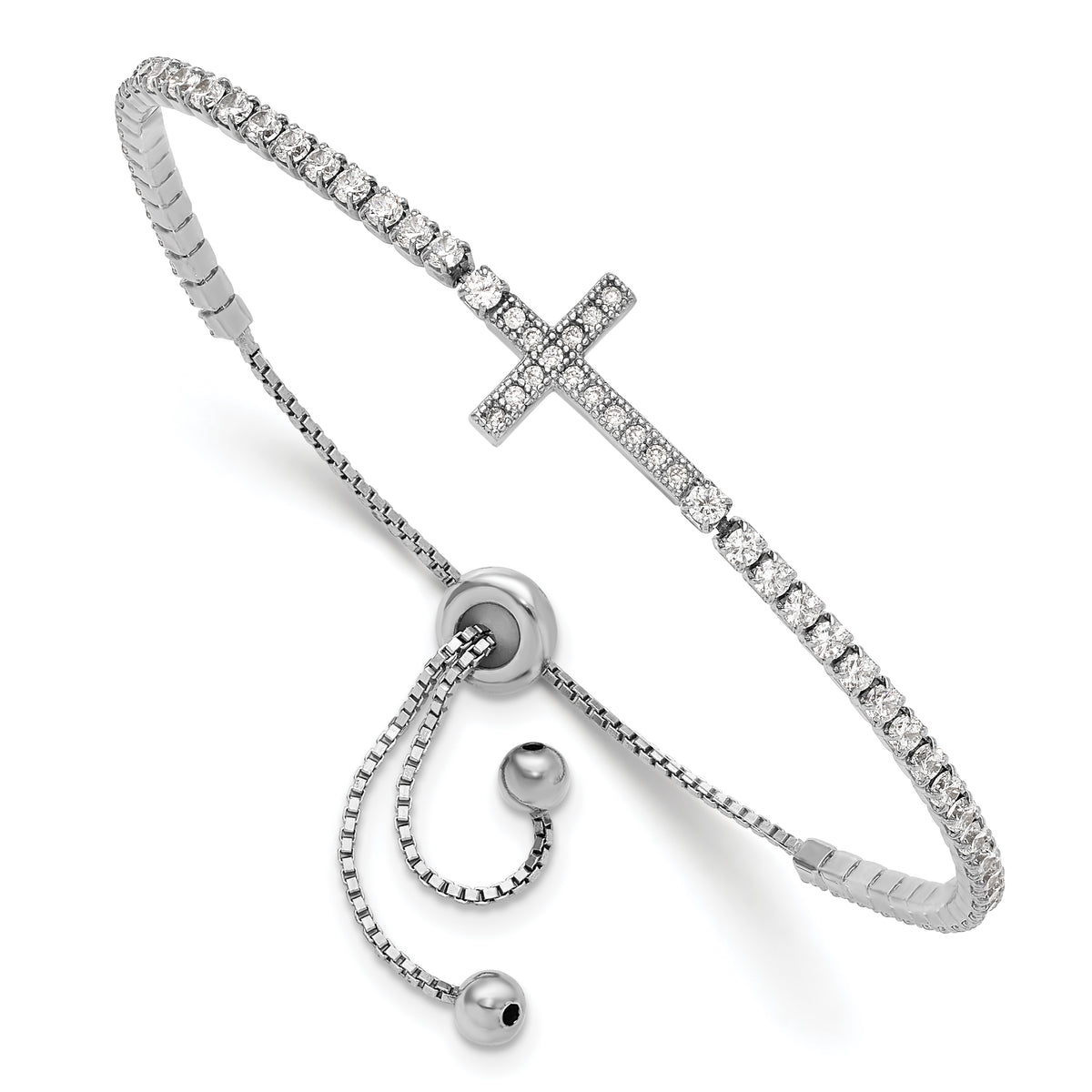Sterling Silver Rhodium-plated CZ Sideways Cross Adjustable Bracelet