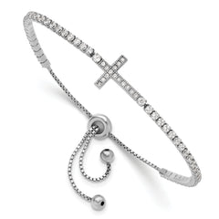 Sterling Silver Rhodium-plated CZ Sideways Cross Adjustable Bracelet