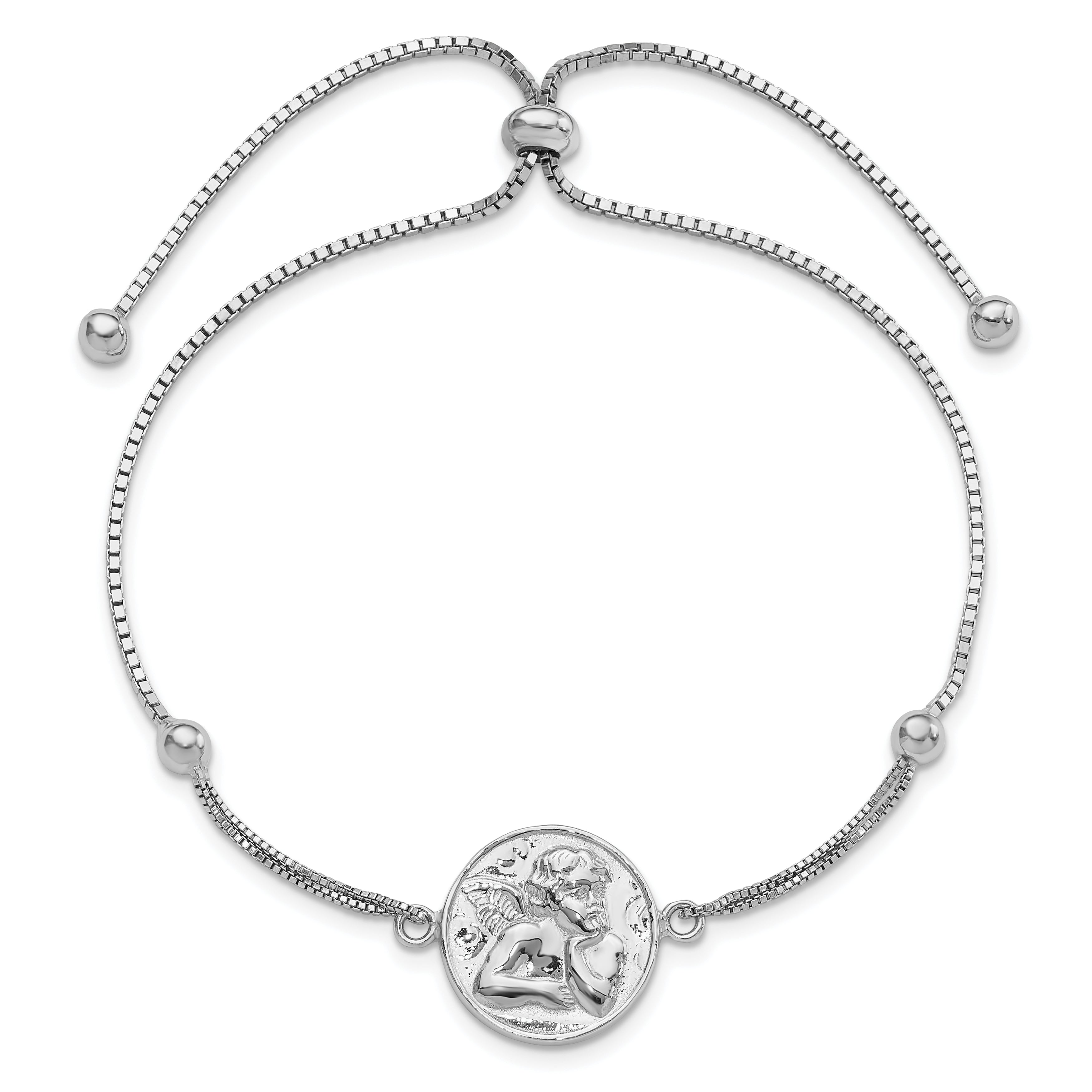 Sterling Silver Rhodium-plated Polished Cherub Adjustable Bracelet